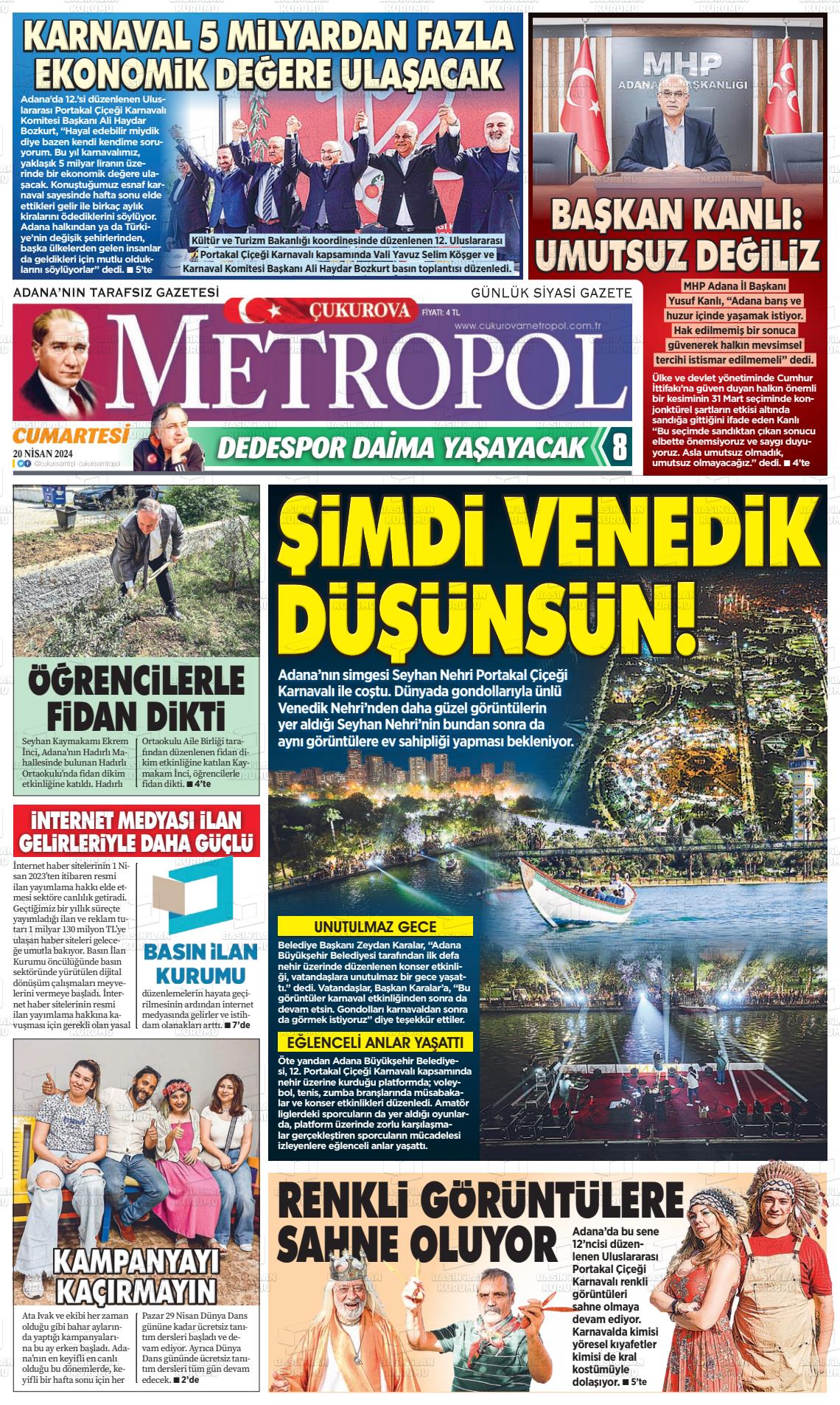 20 Nisan 2024 Çukurova Metropol Gazete Manşeti