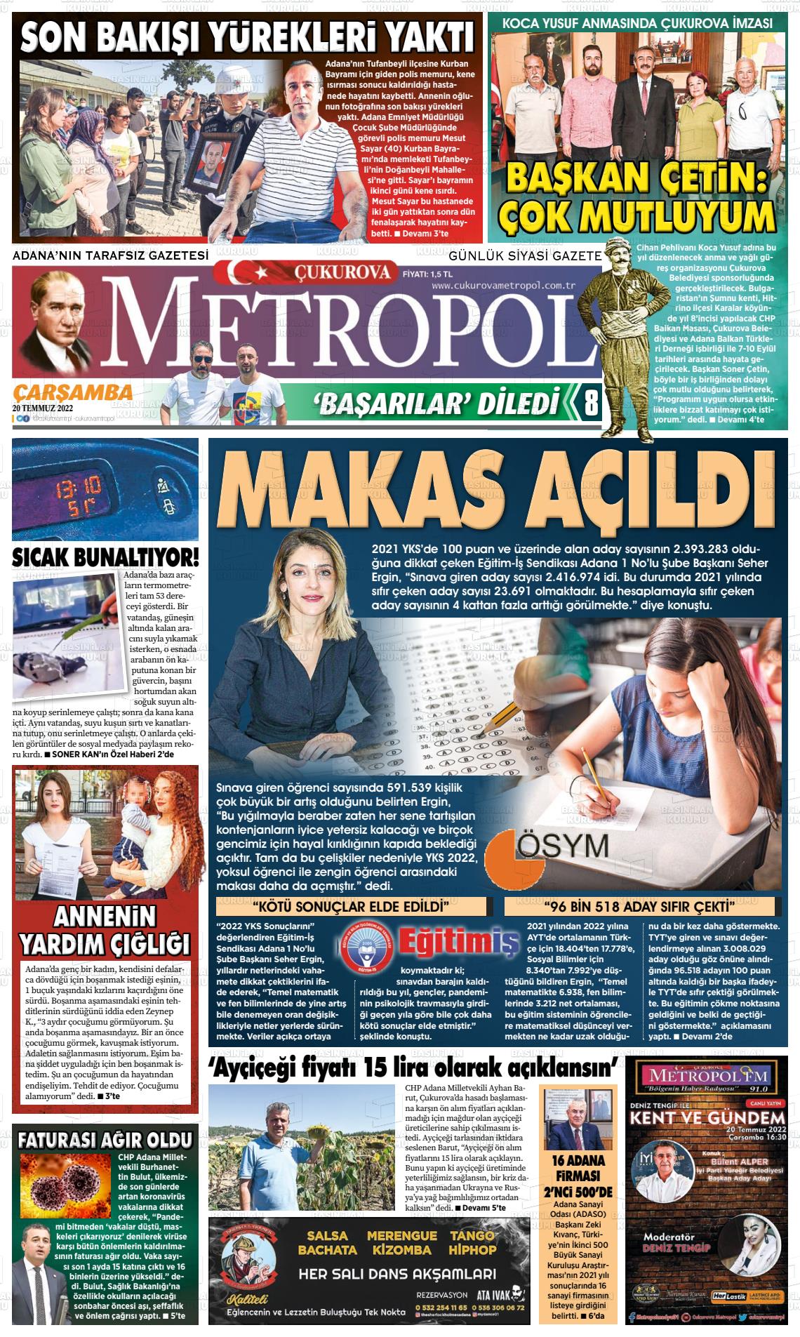 20 Temmuz 2022 Çukurova Metropol Gazete Manşeti