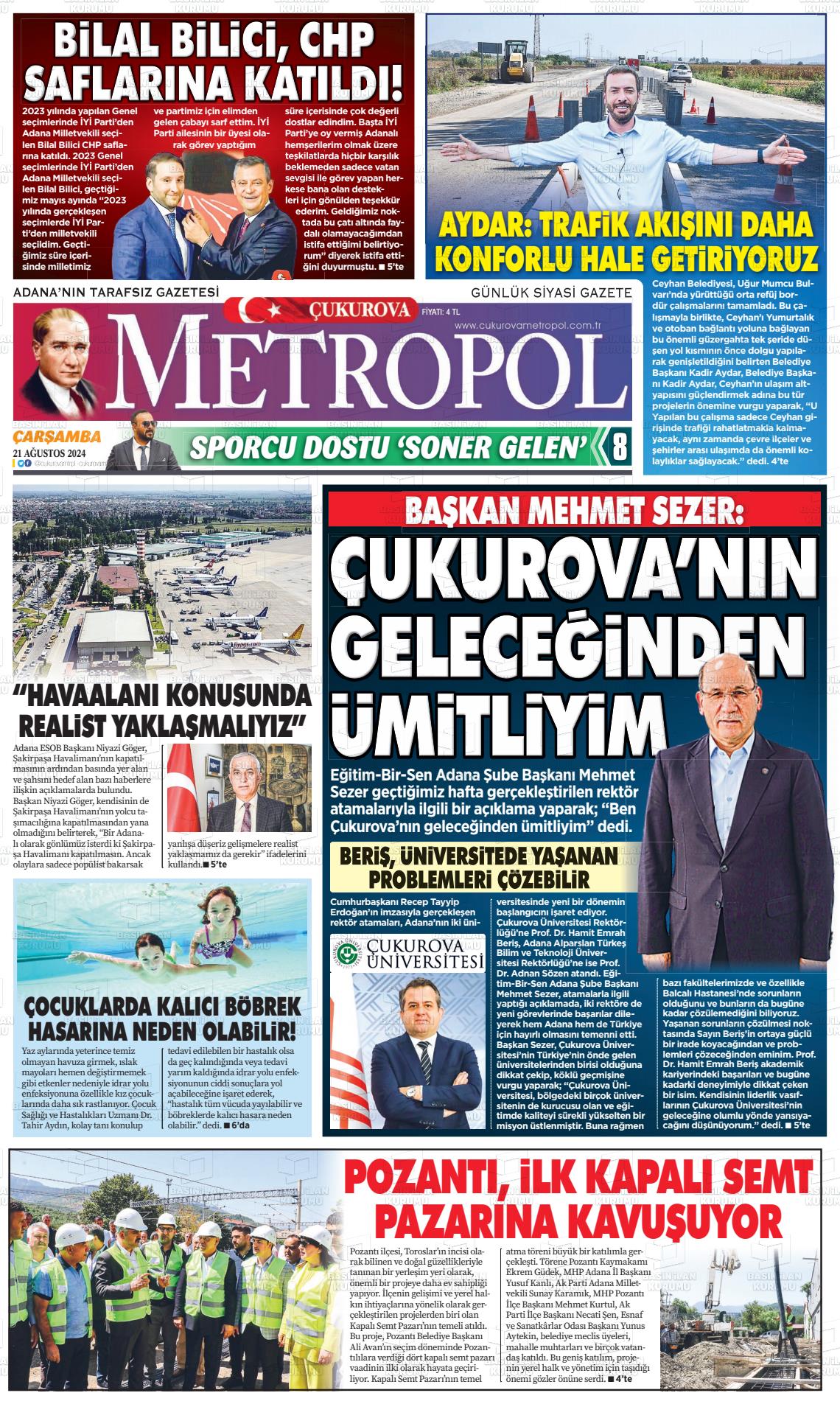 21 Ağustos 2024 Çukurova Metropol Gazete Manşeti