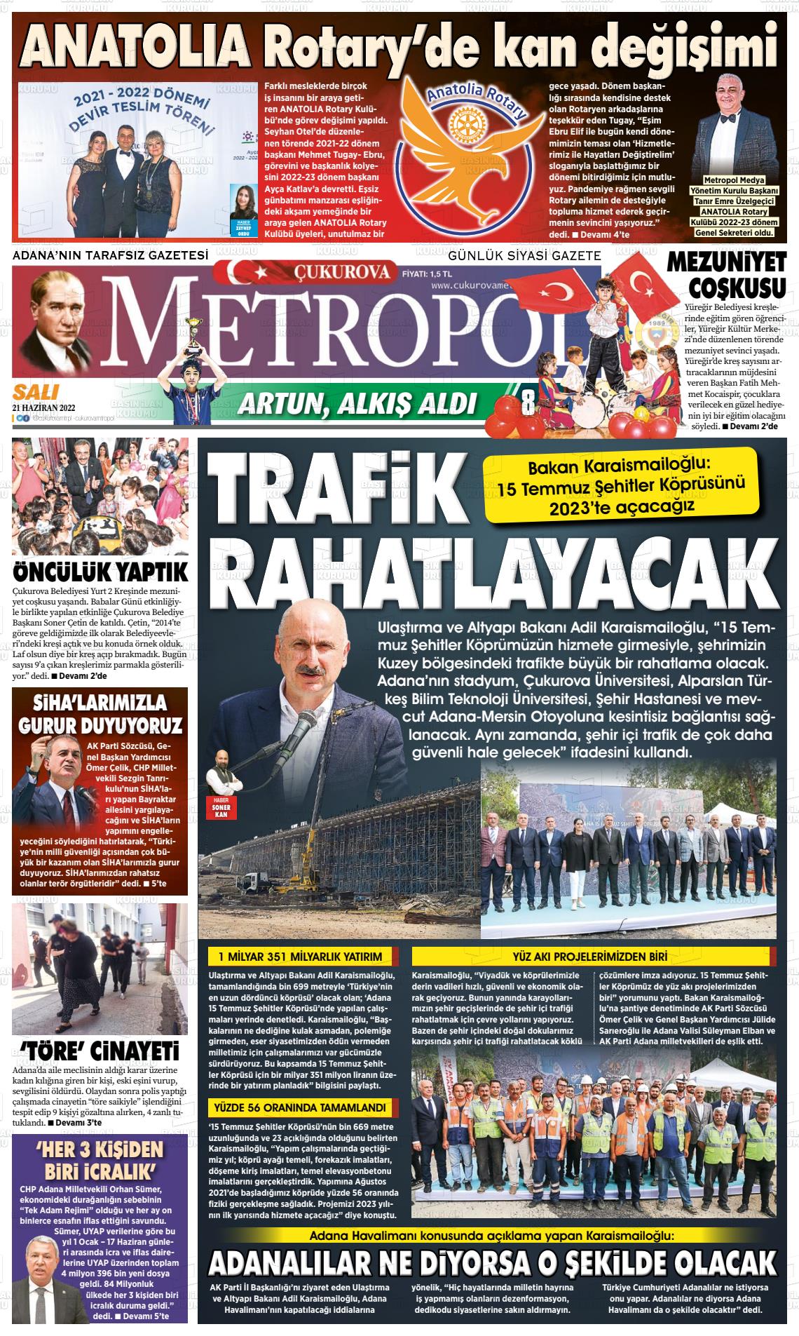 21 Haziran 2022 Çukurova Metropol Gazete Manşeti