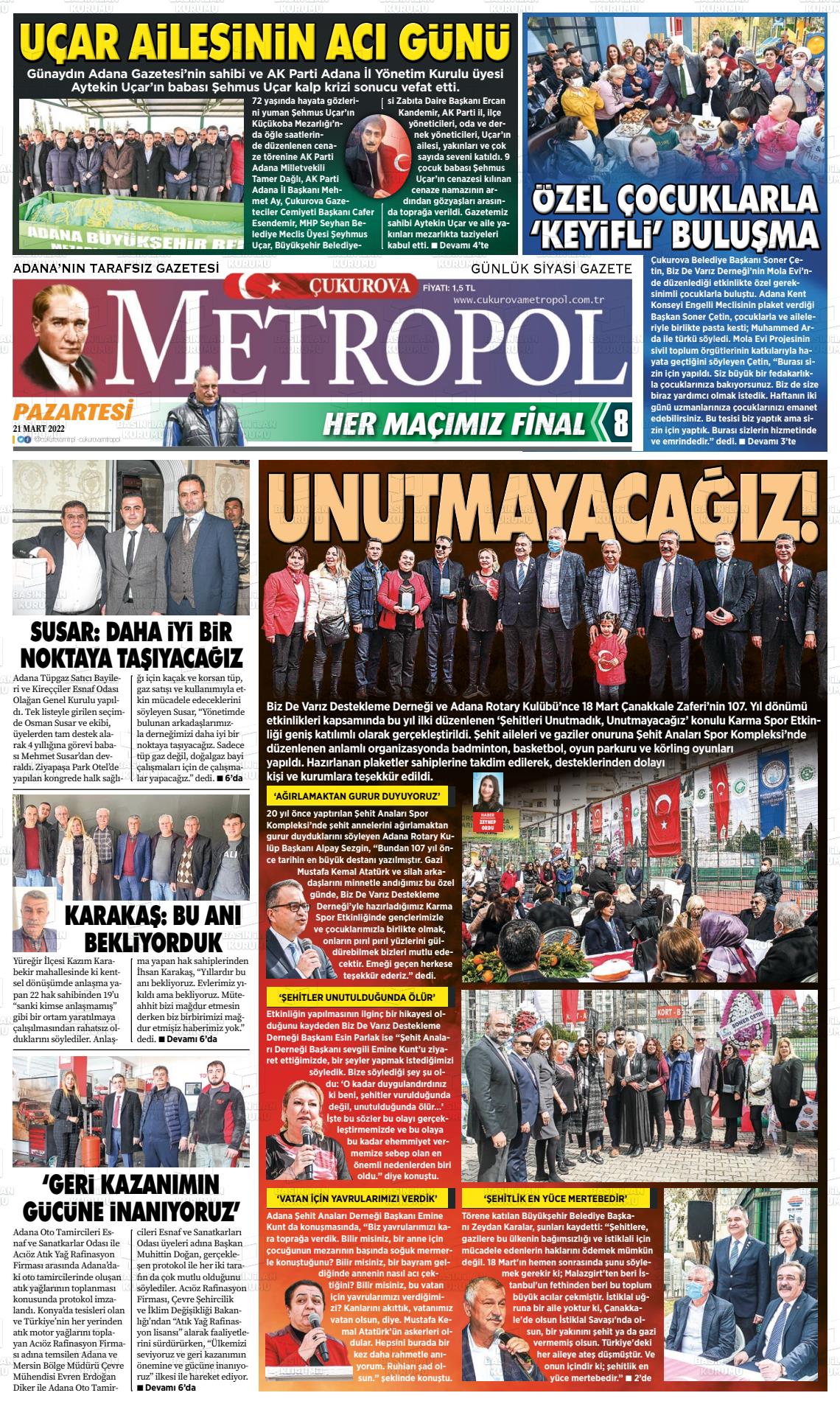 21 Mart 2022 Çukurova Metropol Gazete Manşeti