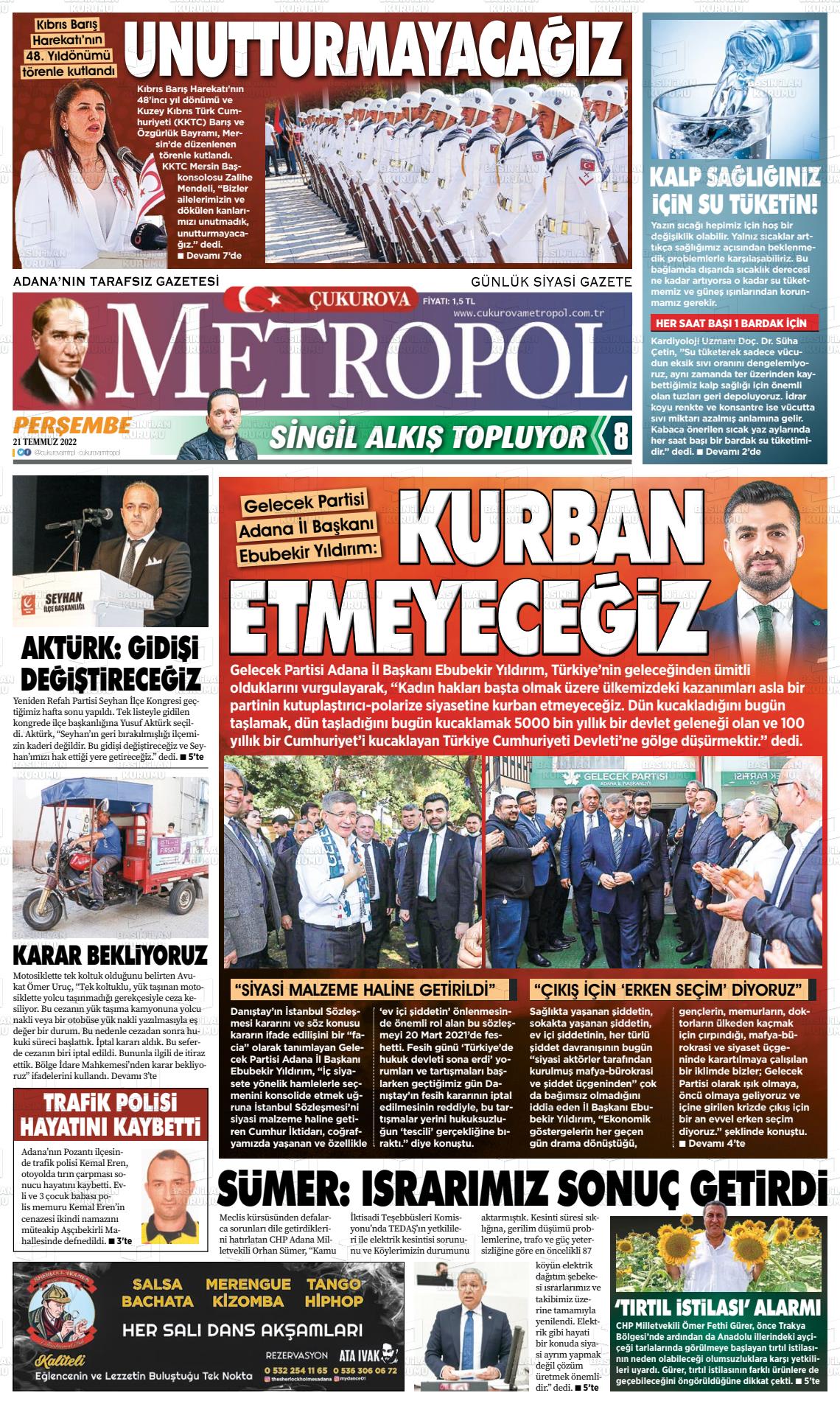 18 Eylül 2022 Çukurova Metropol Gazete Manşeti