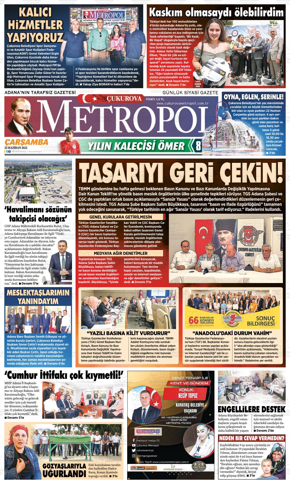 22 Haziran 2022 Çukurova Metropol Gazete Manşeti