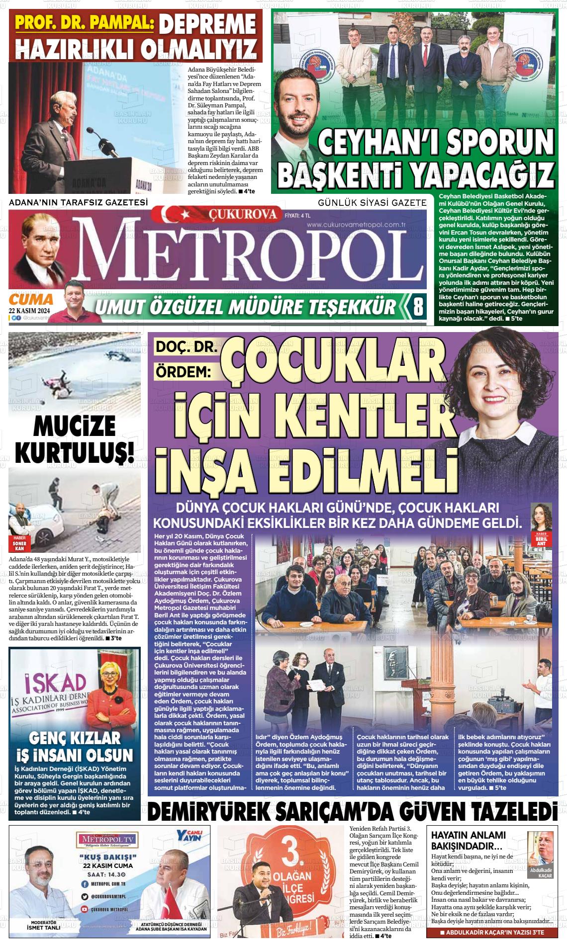 22 Kasım 2024 Çukurova Metropol Gazete Manşeti