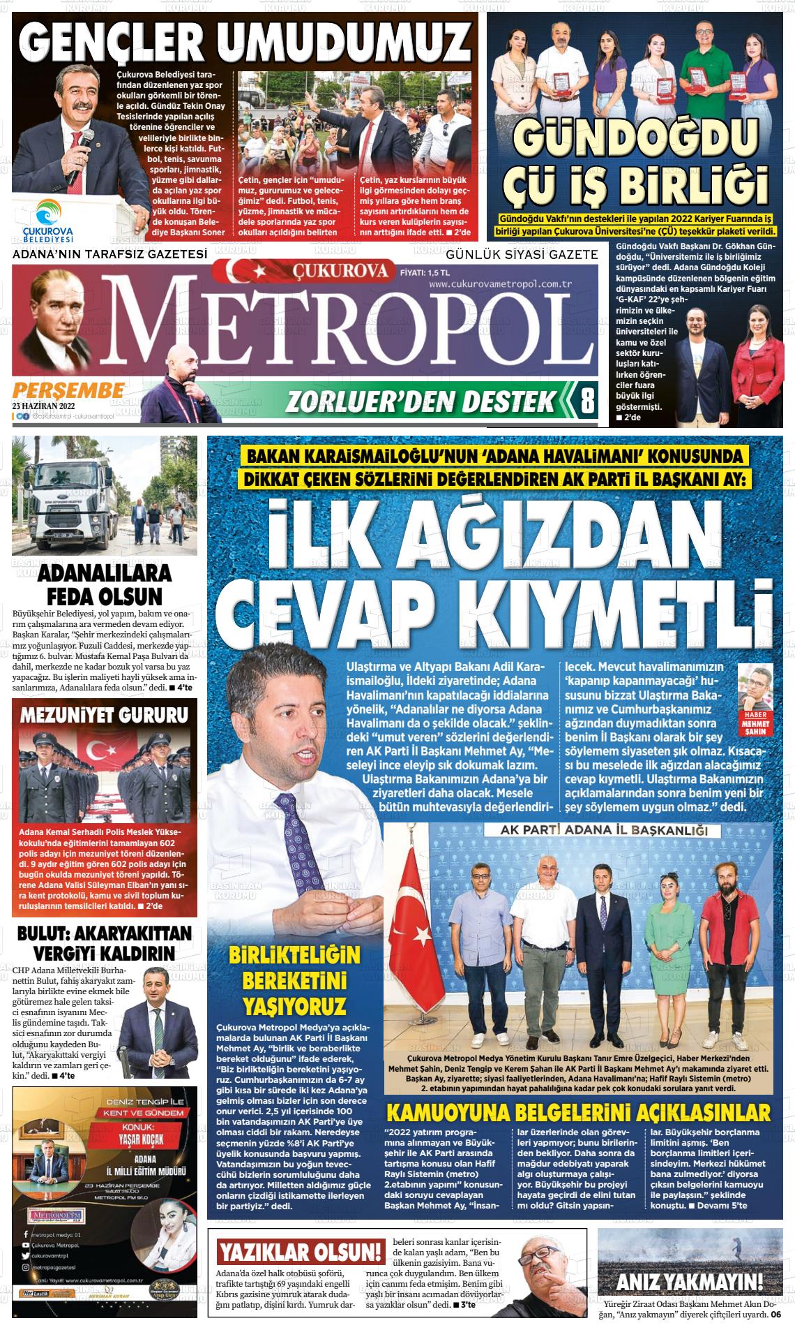 23 Haziran 2022 Çukurova Metropol Gazete Manşeti