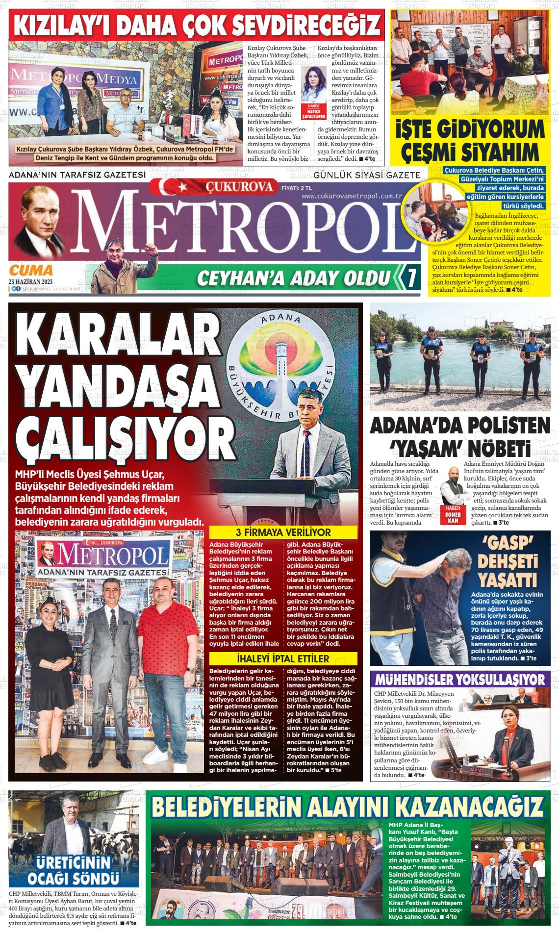 23 Haziran 2023 Çukurova Metropol Gazete Manşeti