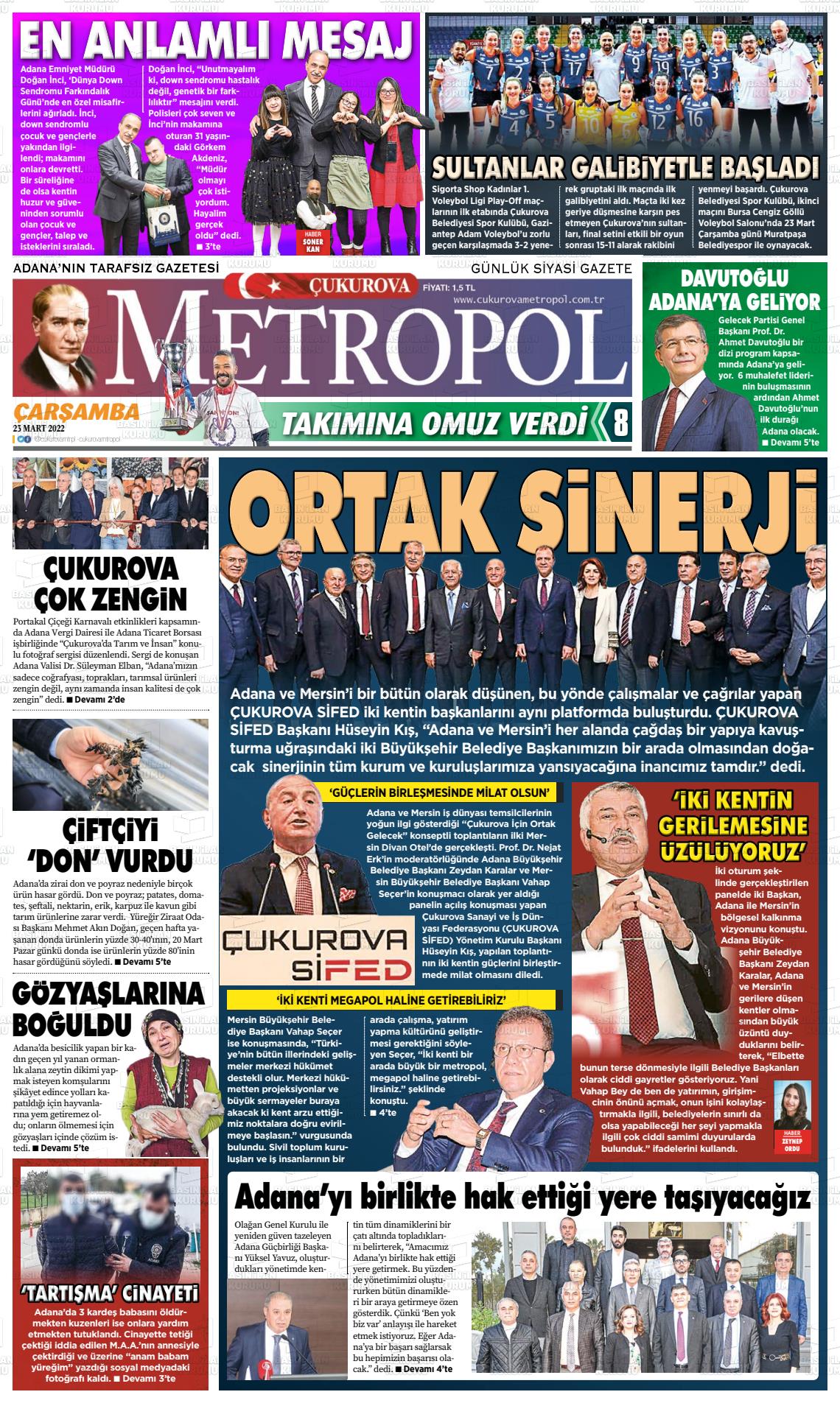 23 Mart 2022 Çukurova Metropol Gazete Manşeti