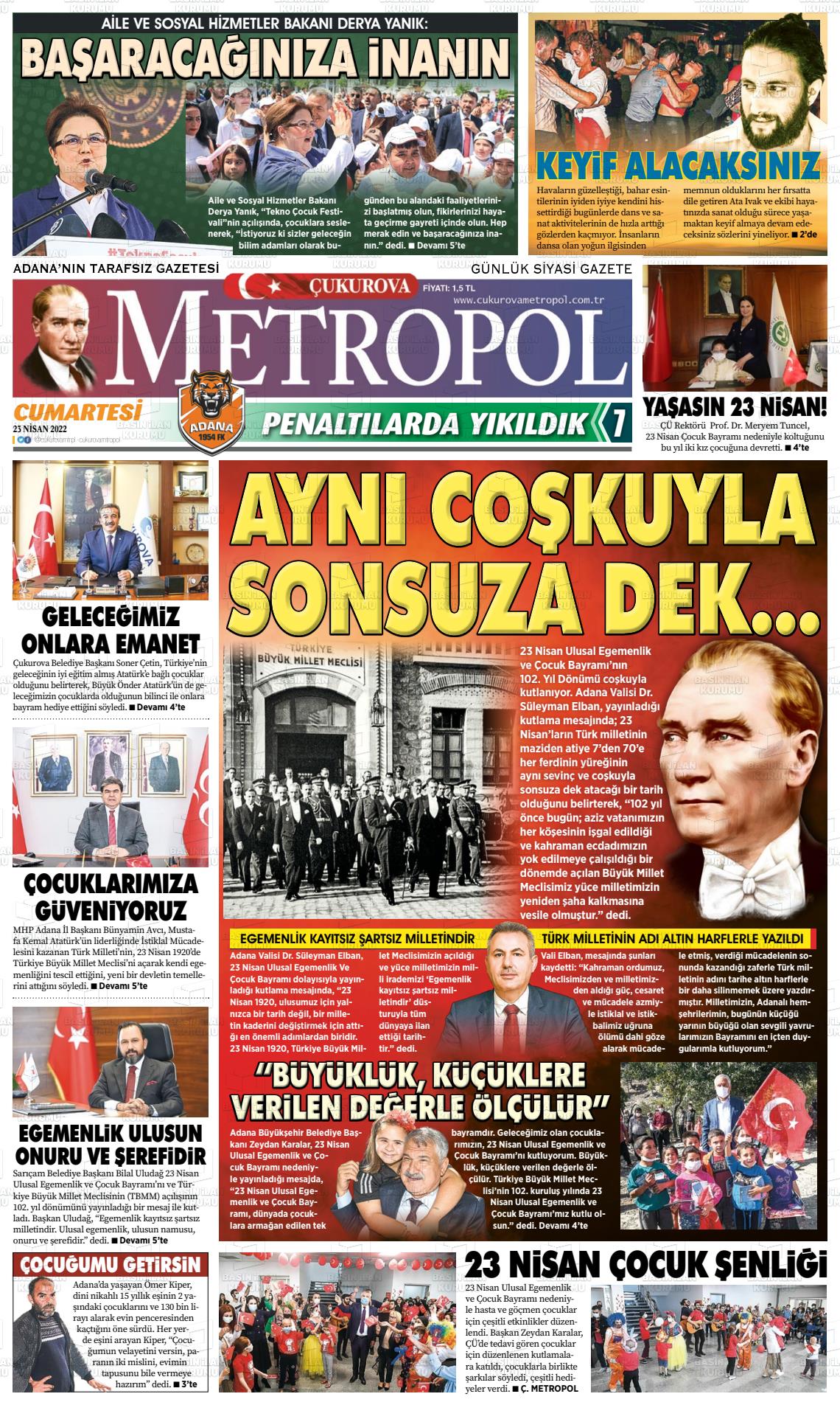 23 Nisan 2022 Çukurova Metropol Gazete Manşeti