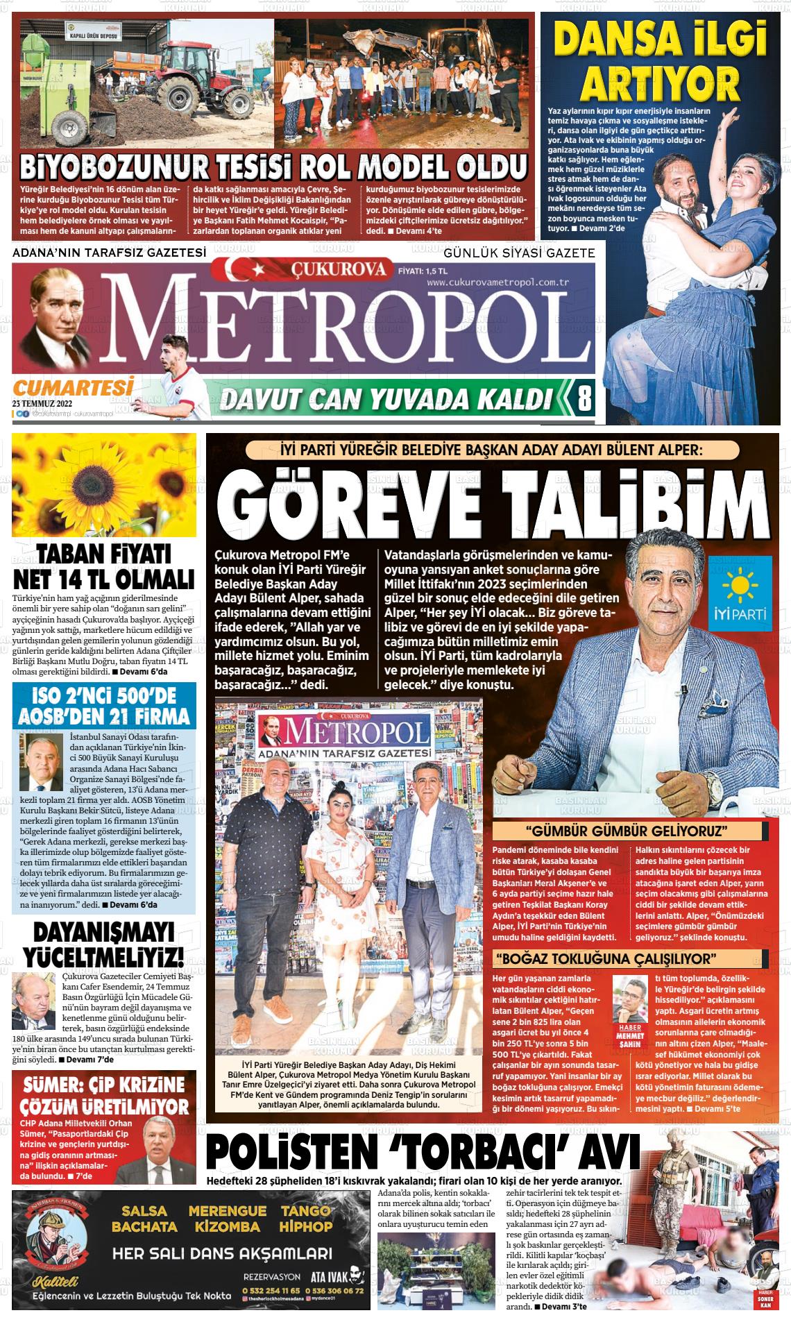 23 Temmuz 2022 Çukurova Metropol Gazete Manşeti