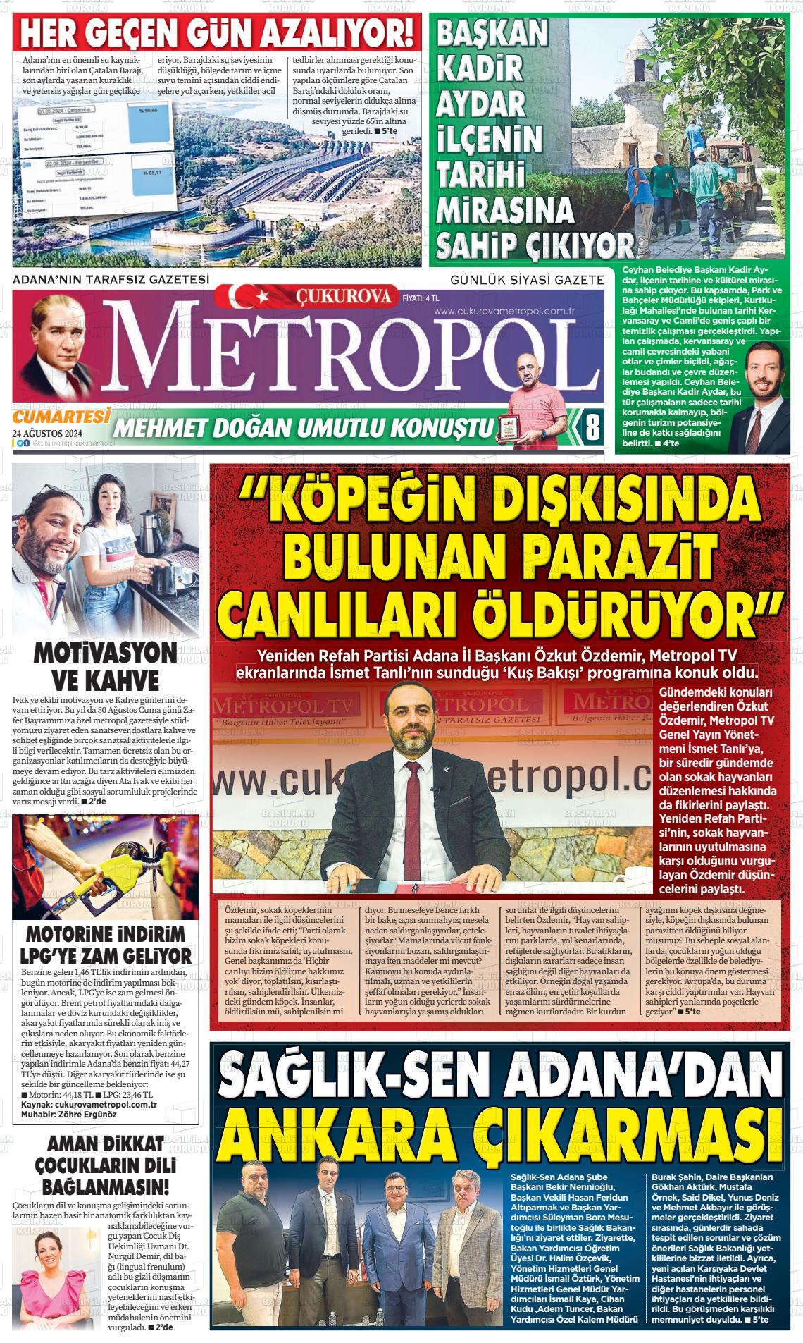 24 Ağustos 2024 Çukurova Metropol Gazete Manşeti