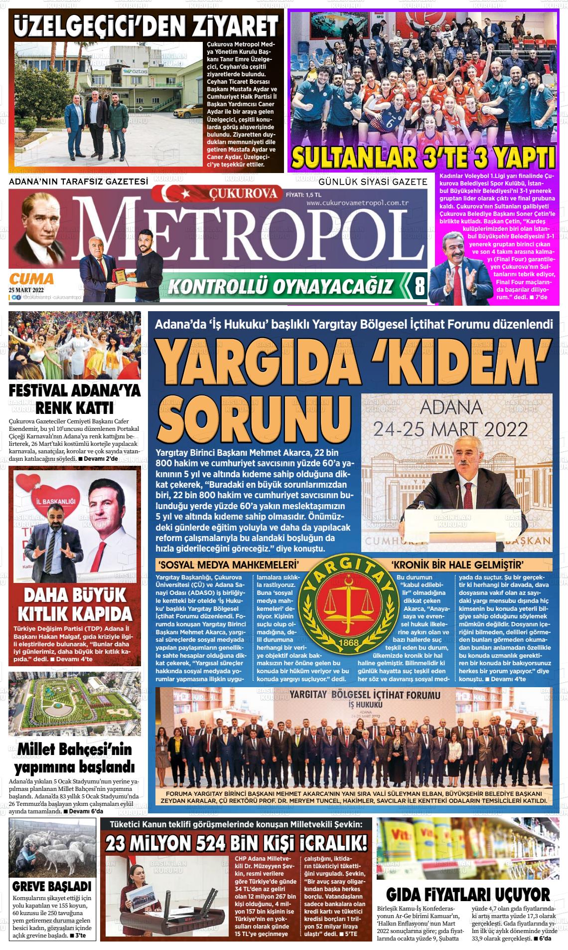 25 Mart 2022 Çukurova Metropol Gazete Manşeti