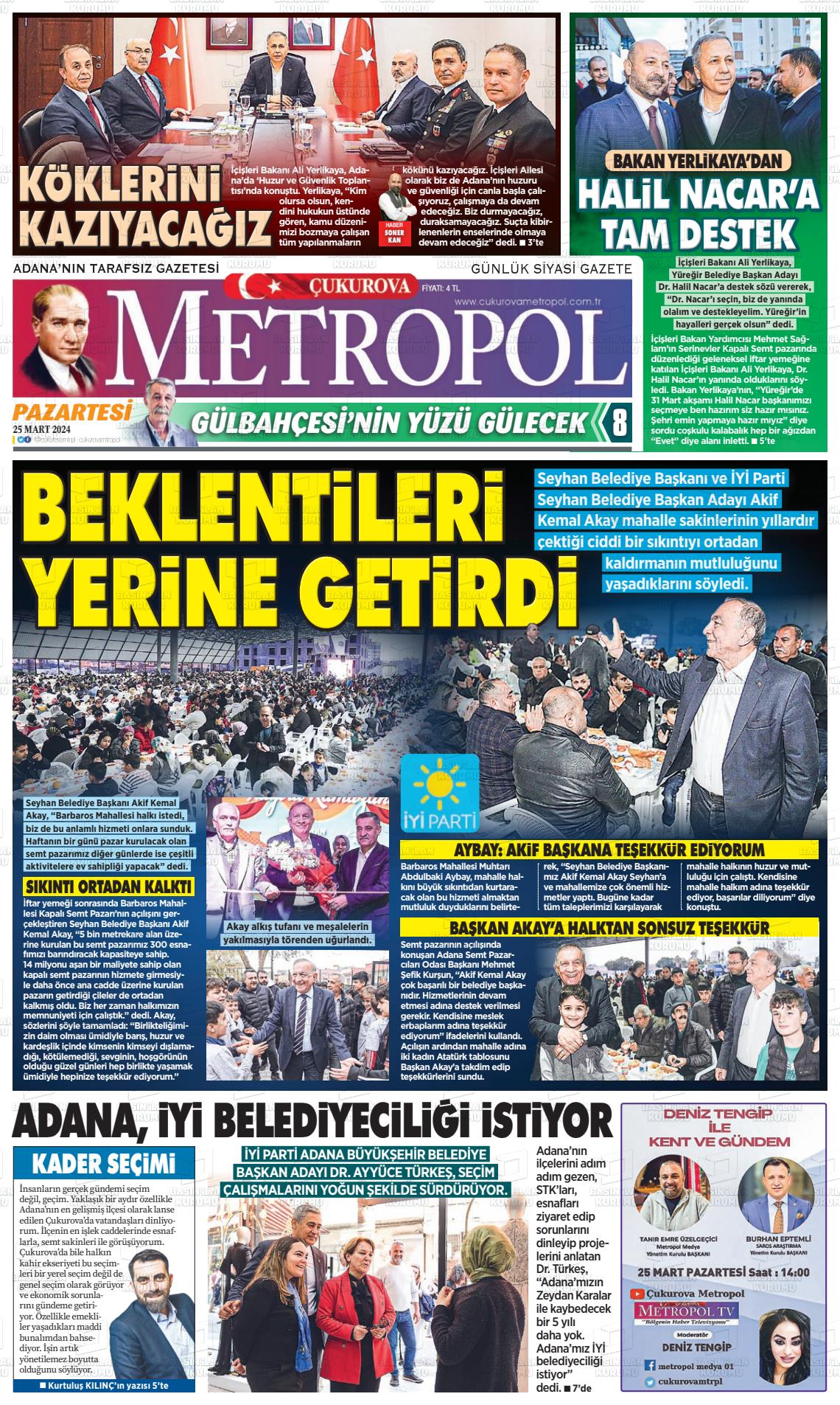 25 Mart 2024 Çukurova Metropol Gazete Manşeti