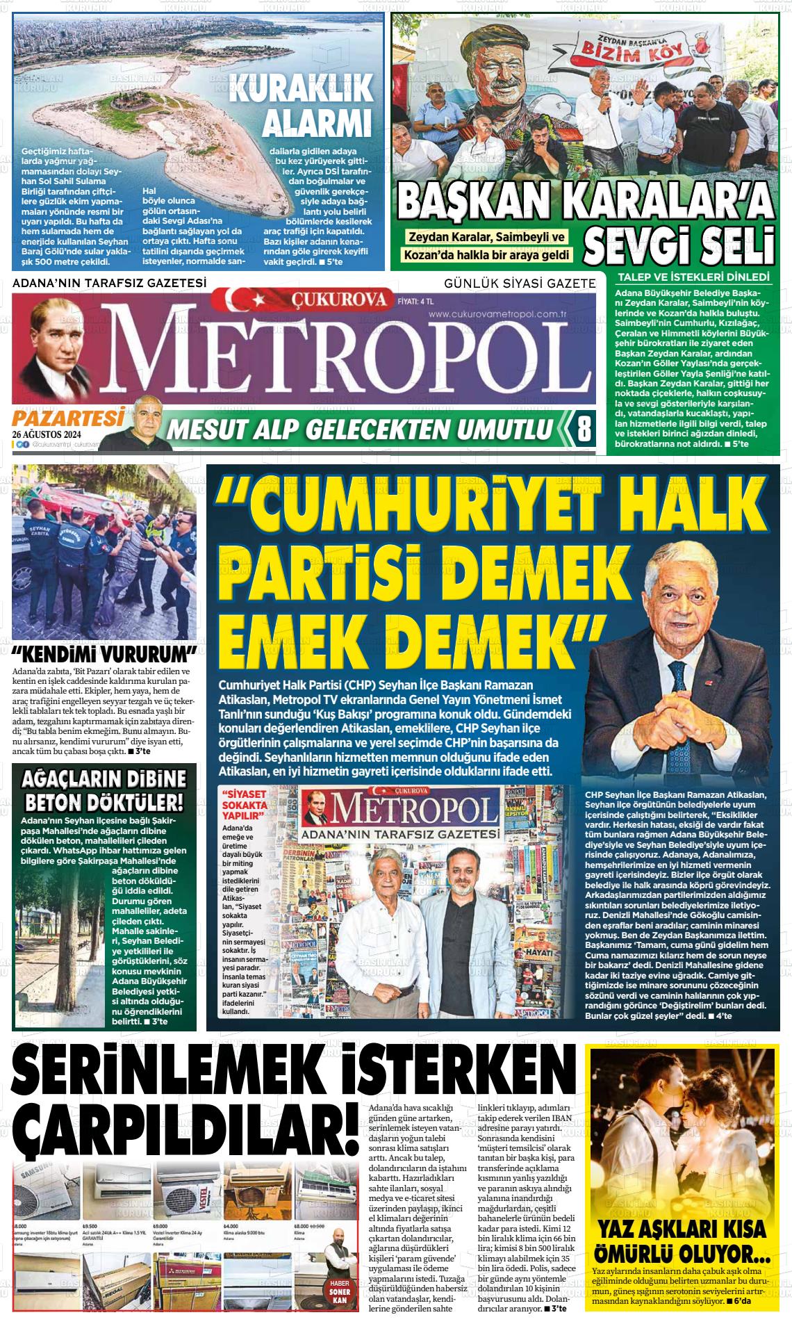 26 Ağustos 2024 Çukurova Metropol Gazete Manşeti