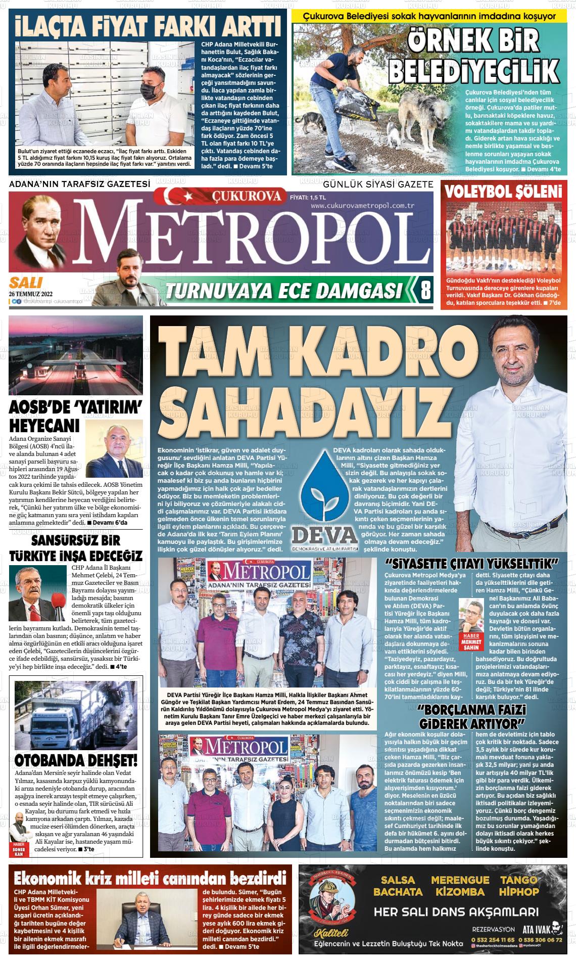 26 Temmuz 2022 Çukurova Metropol Gazete Manşeti