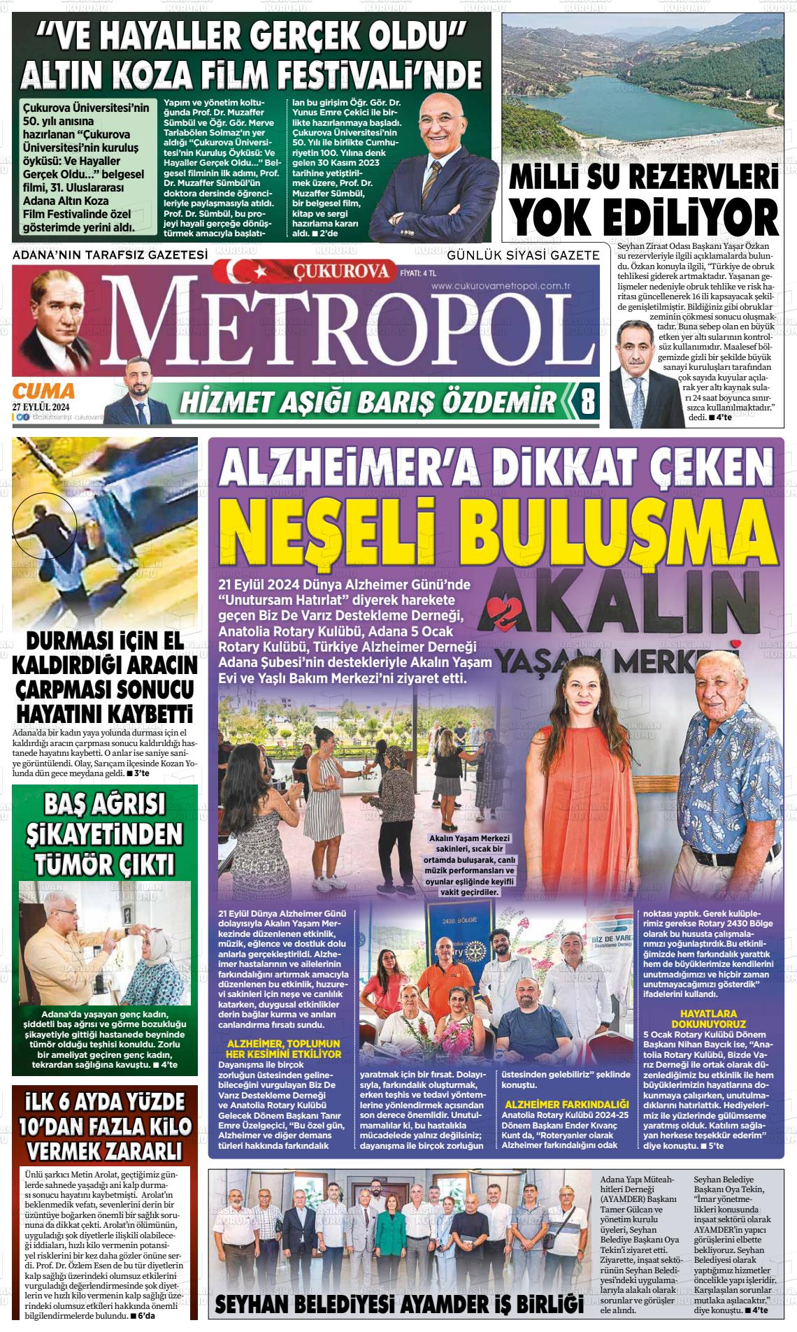 27 Eylül 2024 Çukurova Metropol Gazete Manşeti