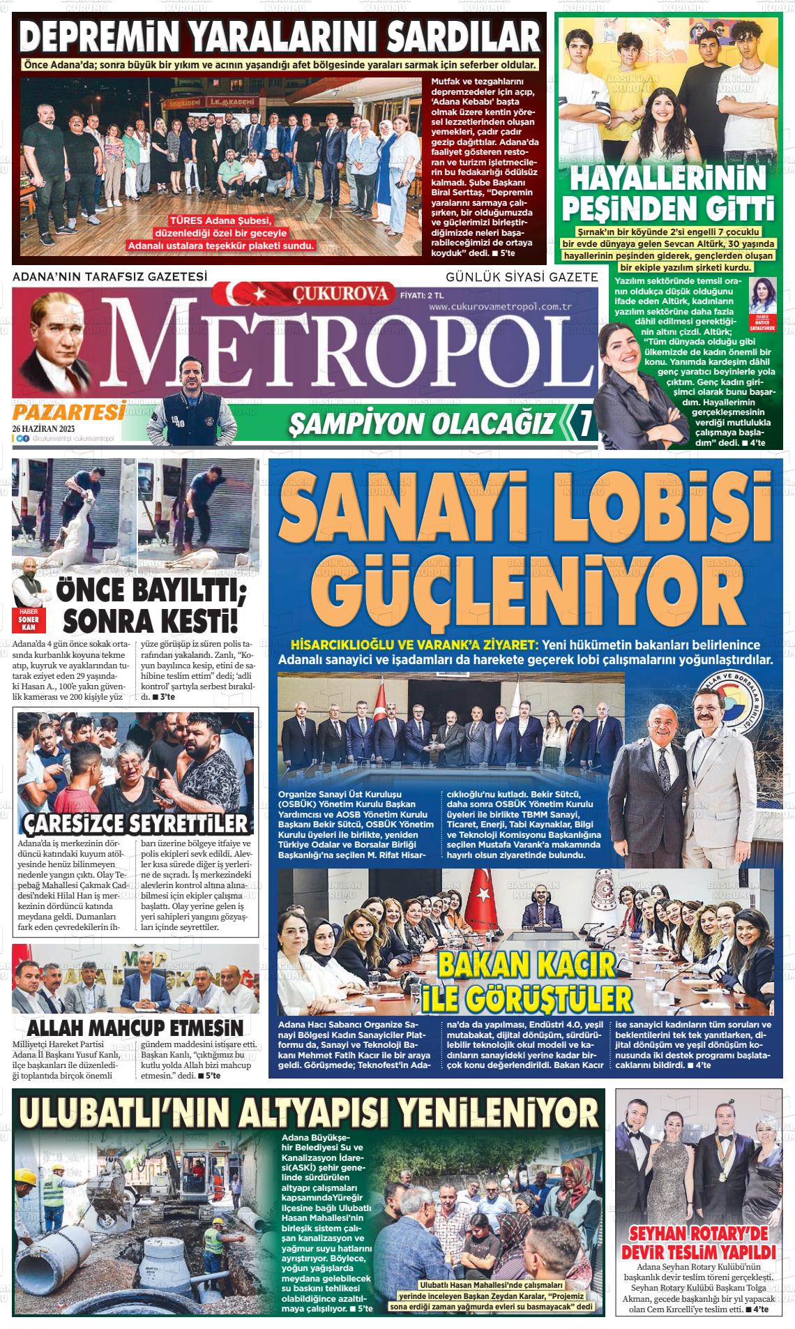 27 Haziran 2023 Çukurova Metropol Gazete Manşeti