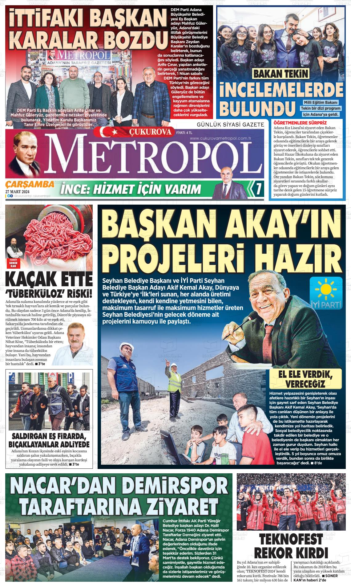 27 Mart 2024 Çukurova Metropol Gazete Manşeti