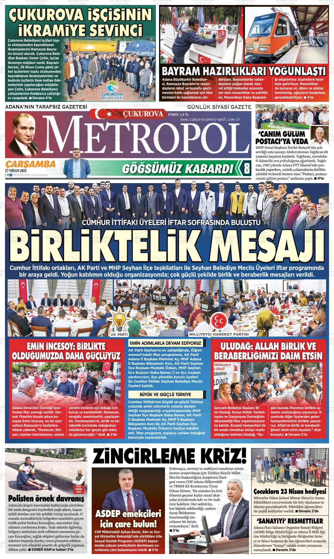 27 Nisan 2022 Çukurova Metropol Gazete Manşeti