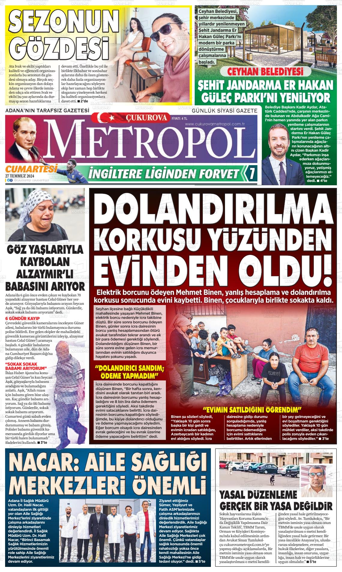 27 Temmuz 2024 Çukurova Metropol Gazete Manşeti