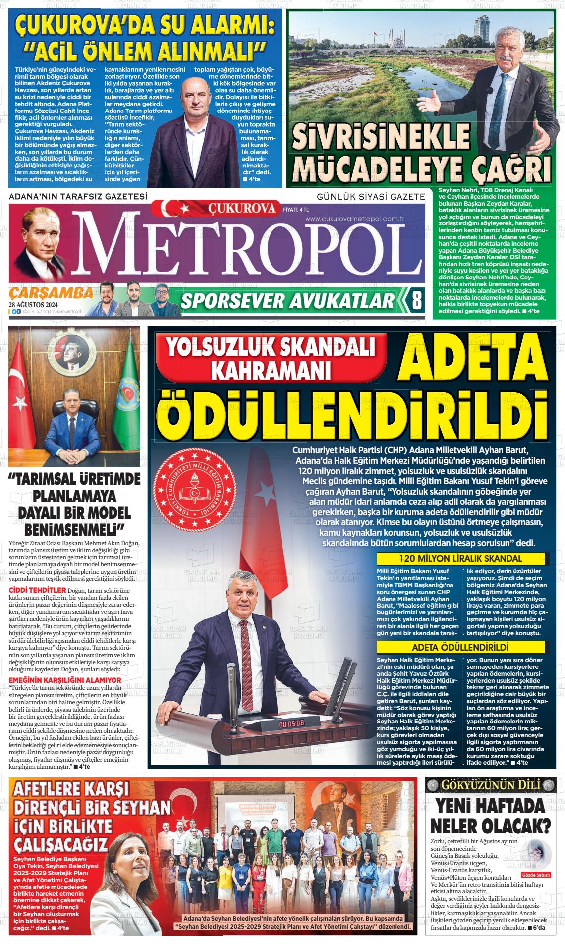 28 Ağustos 2024 Çukurova Metropol Gazete Manşeti