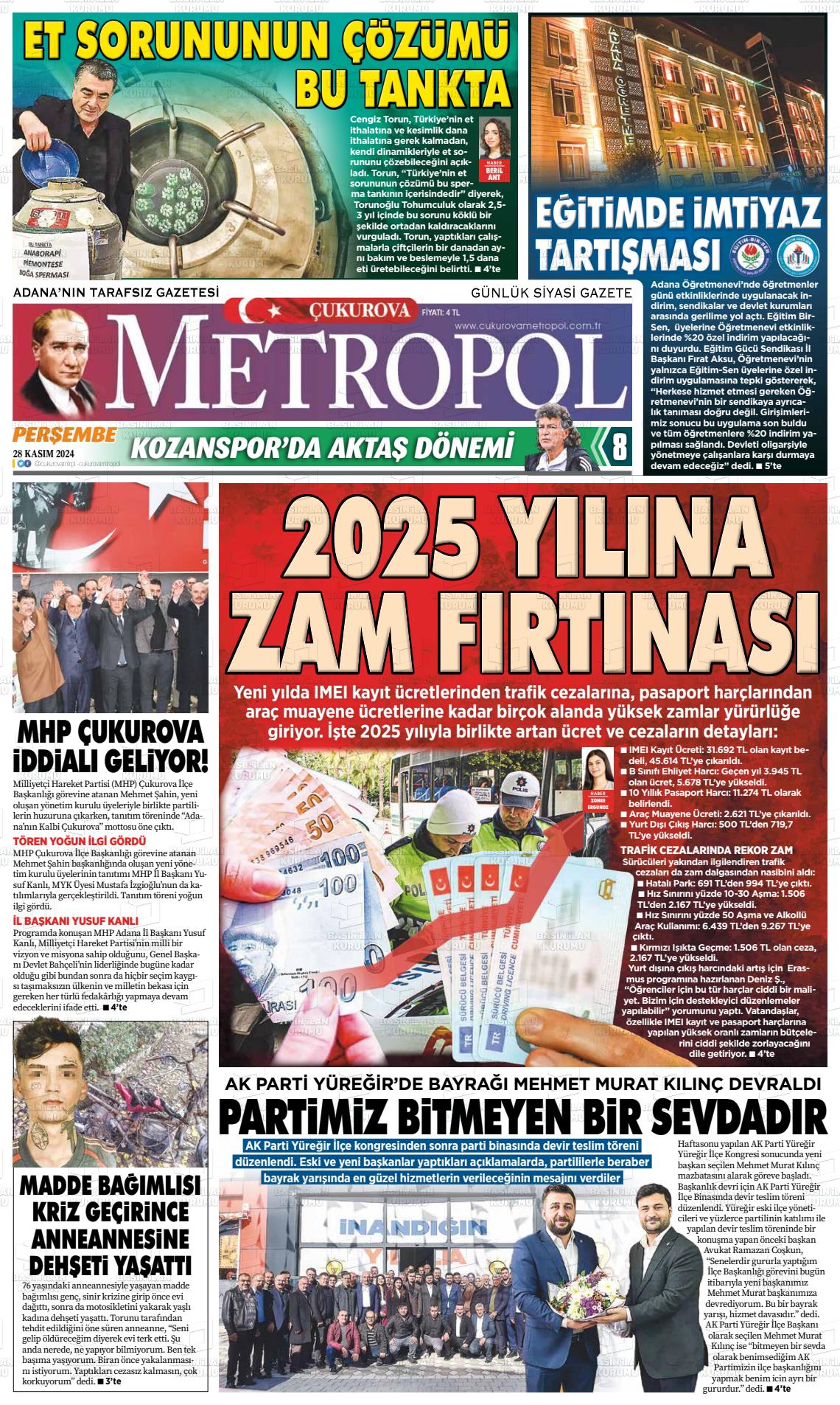 02 Aralık 2024 Çukurova Metropol Gazete Manşeti