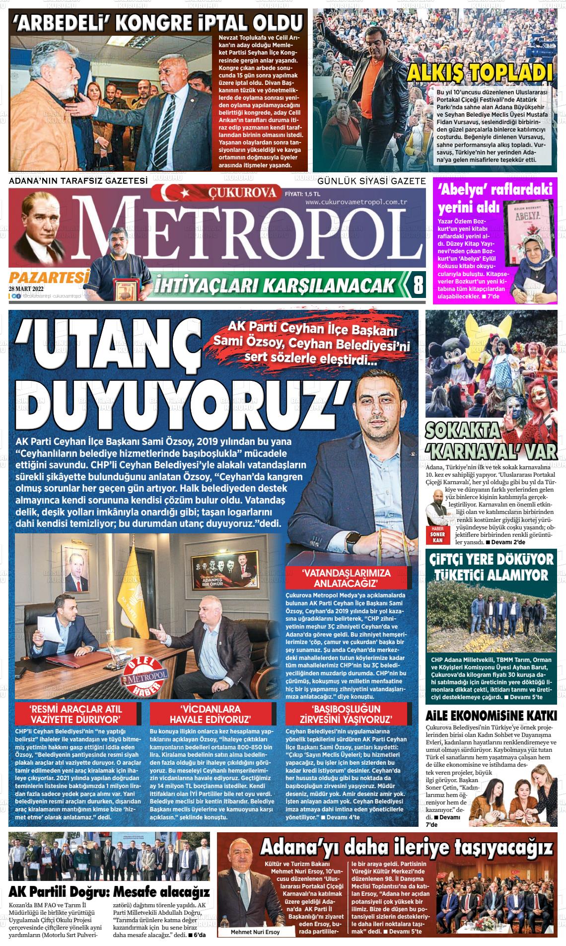 28 Mart 2022 Çukurova Metropol Gazete Manşeti