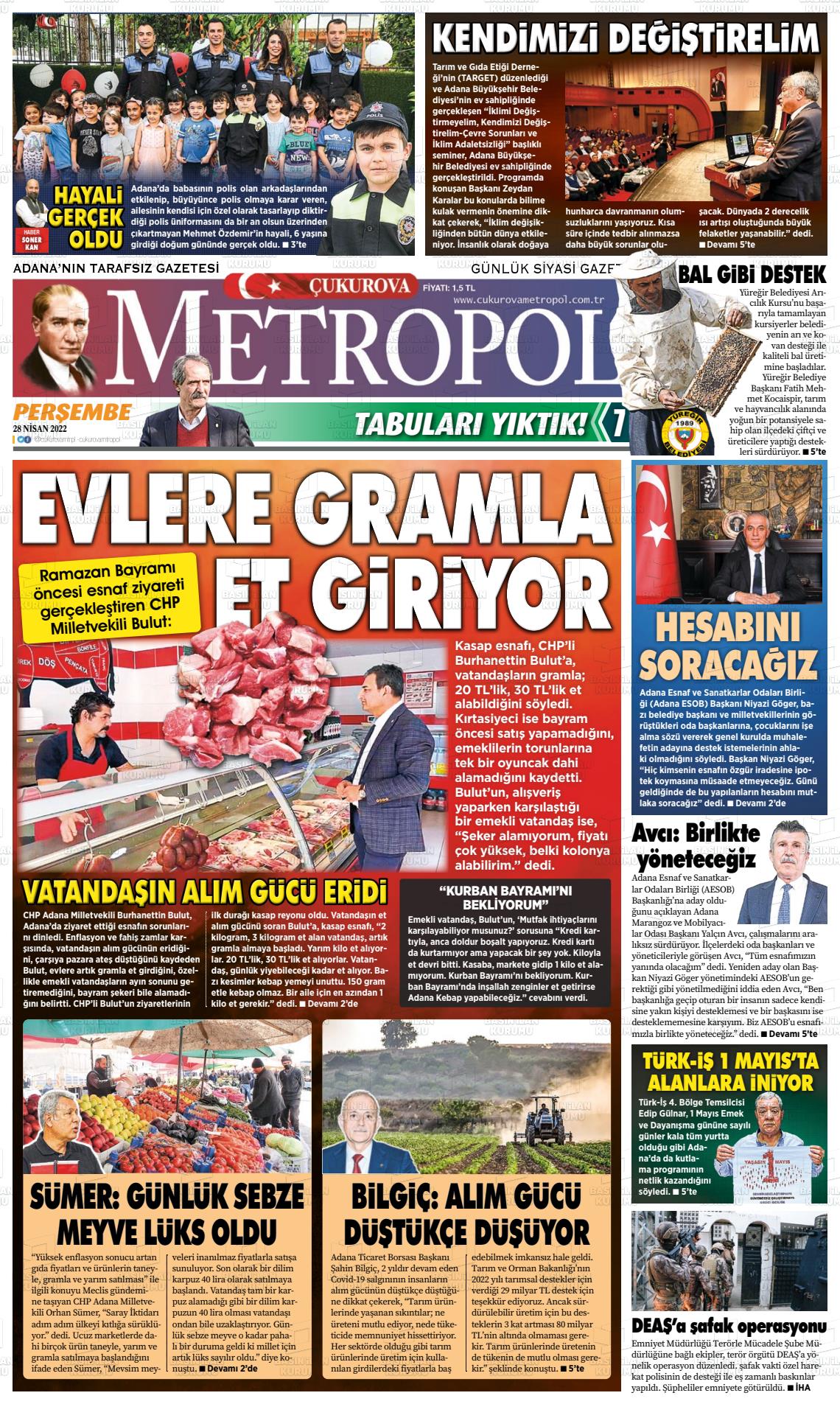 28 Nisan 2022 Çukurova Metropol Gazete Manşeti