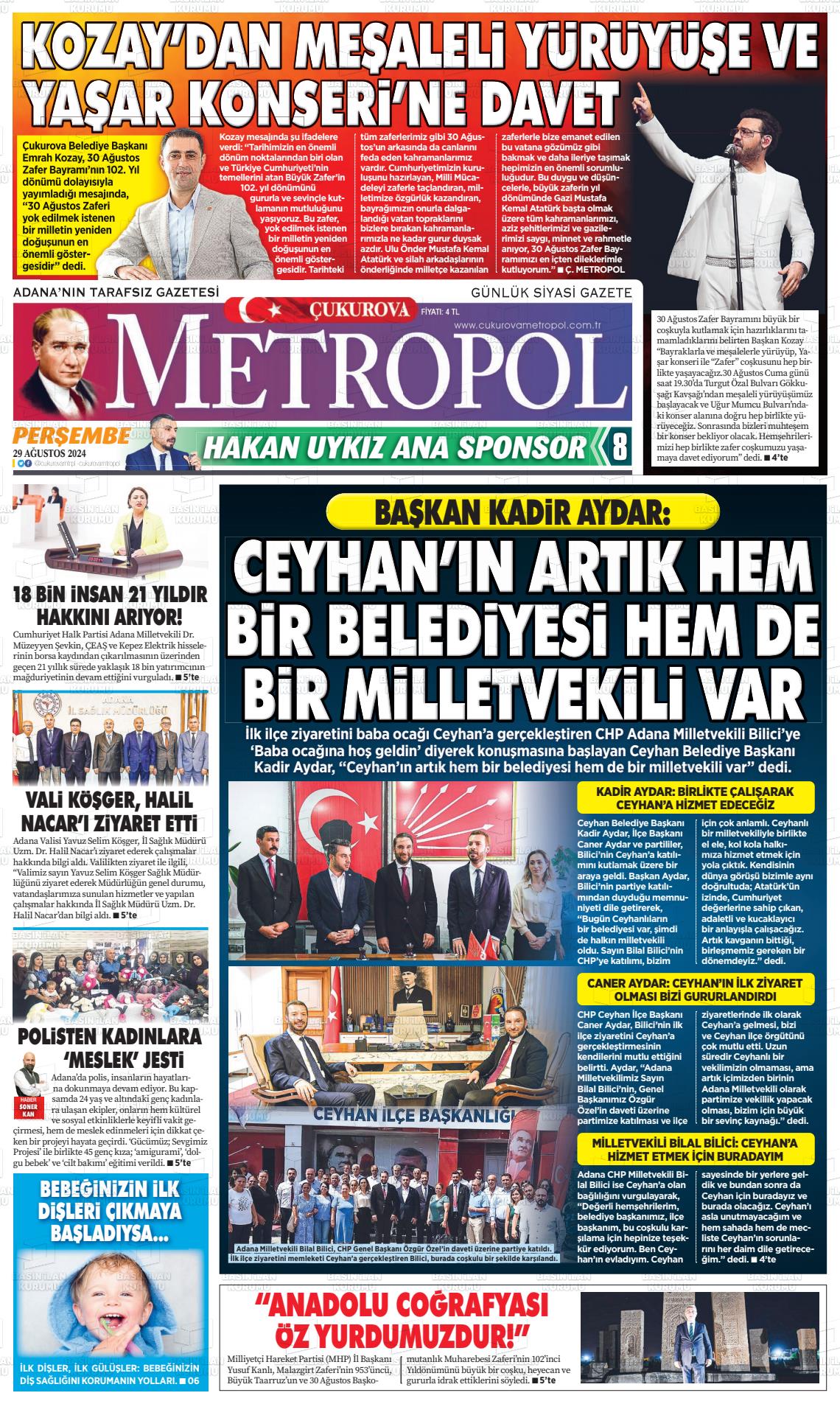 29 Ağustos 2024 Çukurova Metropol Gazete Manşeti