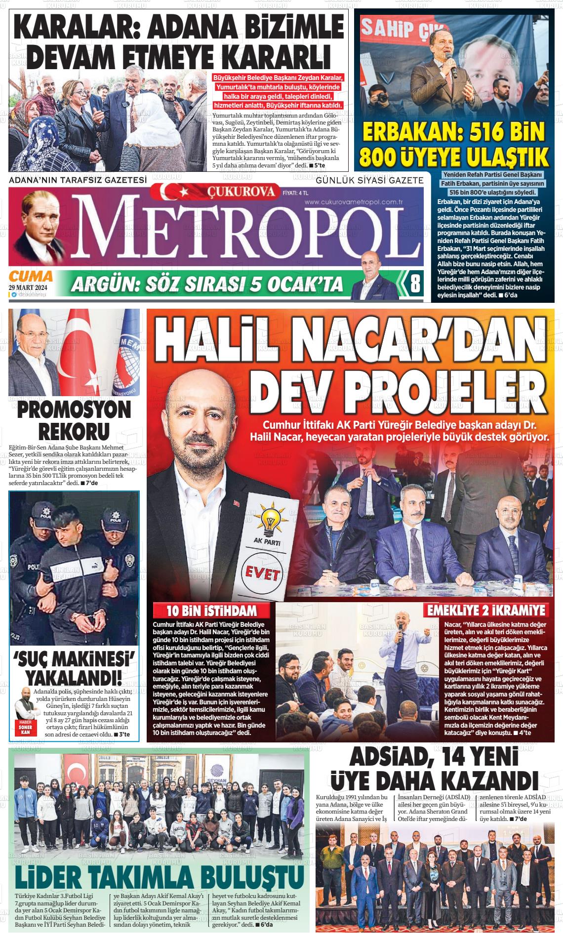 29 Mart 2024 Çukurova Metropol Gazete Manşeti