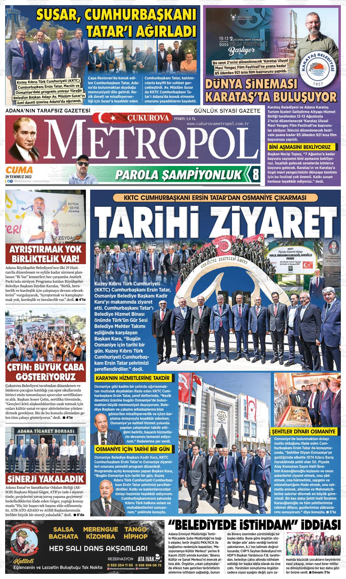 26 Eylül 2022 Çukurova Metropol Gazete Manşeti