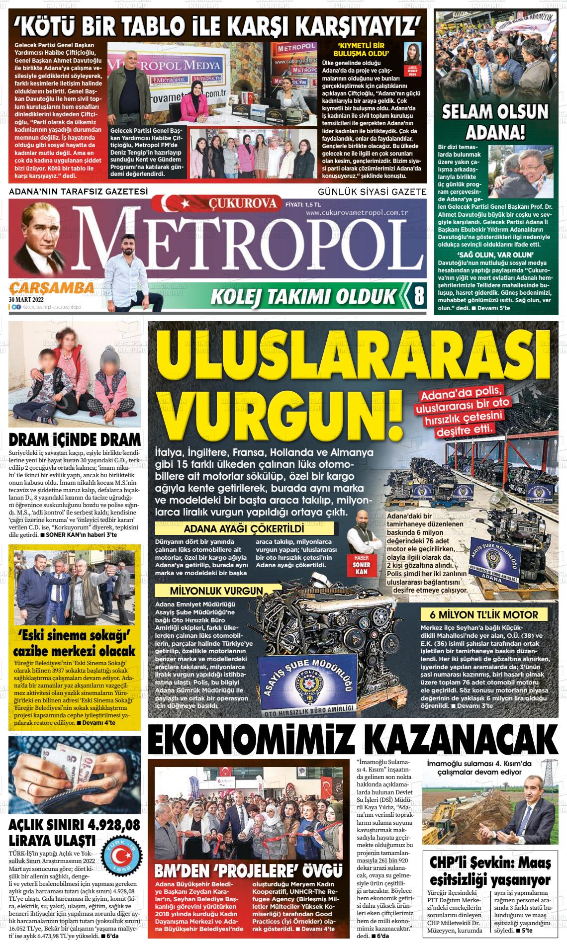 30 Mart 2022 Çukurova Metropol Gazete Manşeti