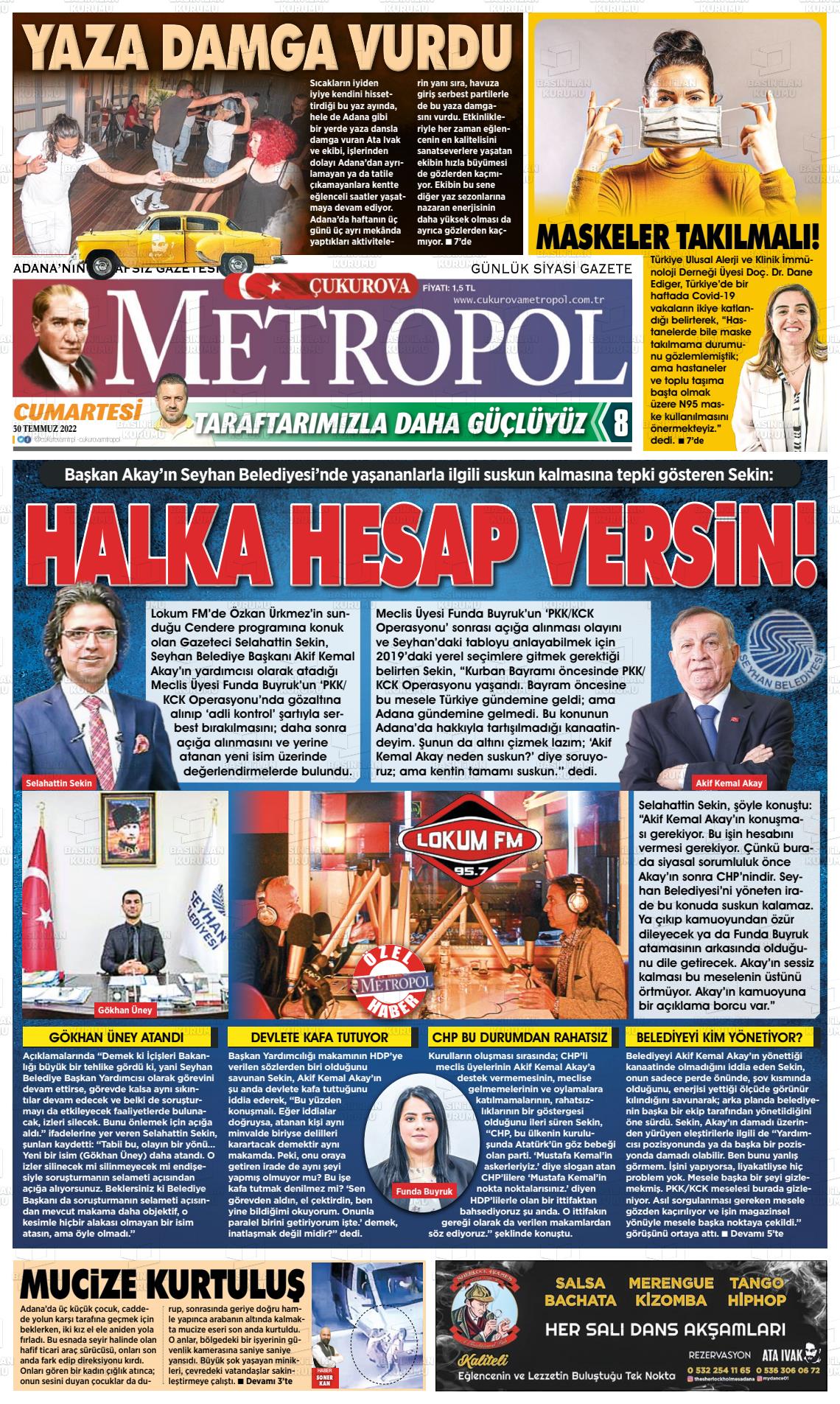 30 Temmuz 2022 Çukurova Metropol Gazete Manşeti