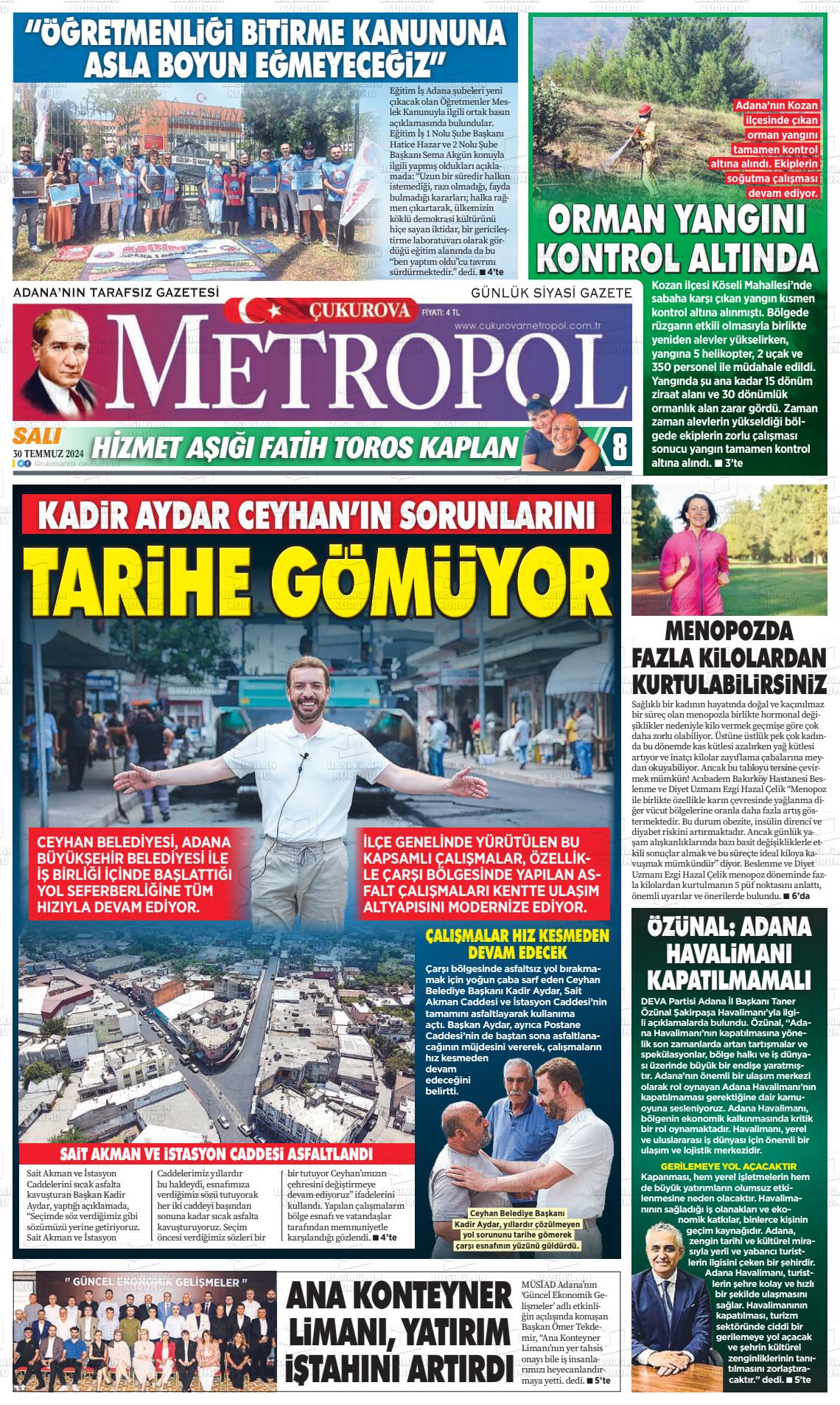 30 Temmuz 2024 Çukurova Metropol Gazete Manşeti