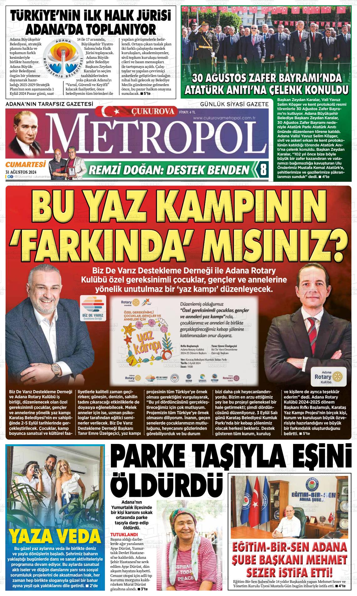 31 Ağustos 2024 Çukurova Metropol Gazete Manşeti