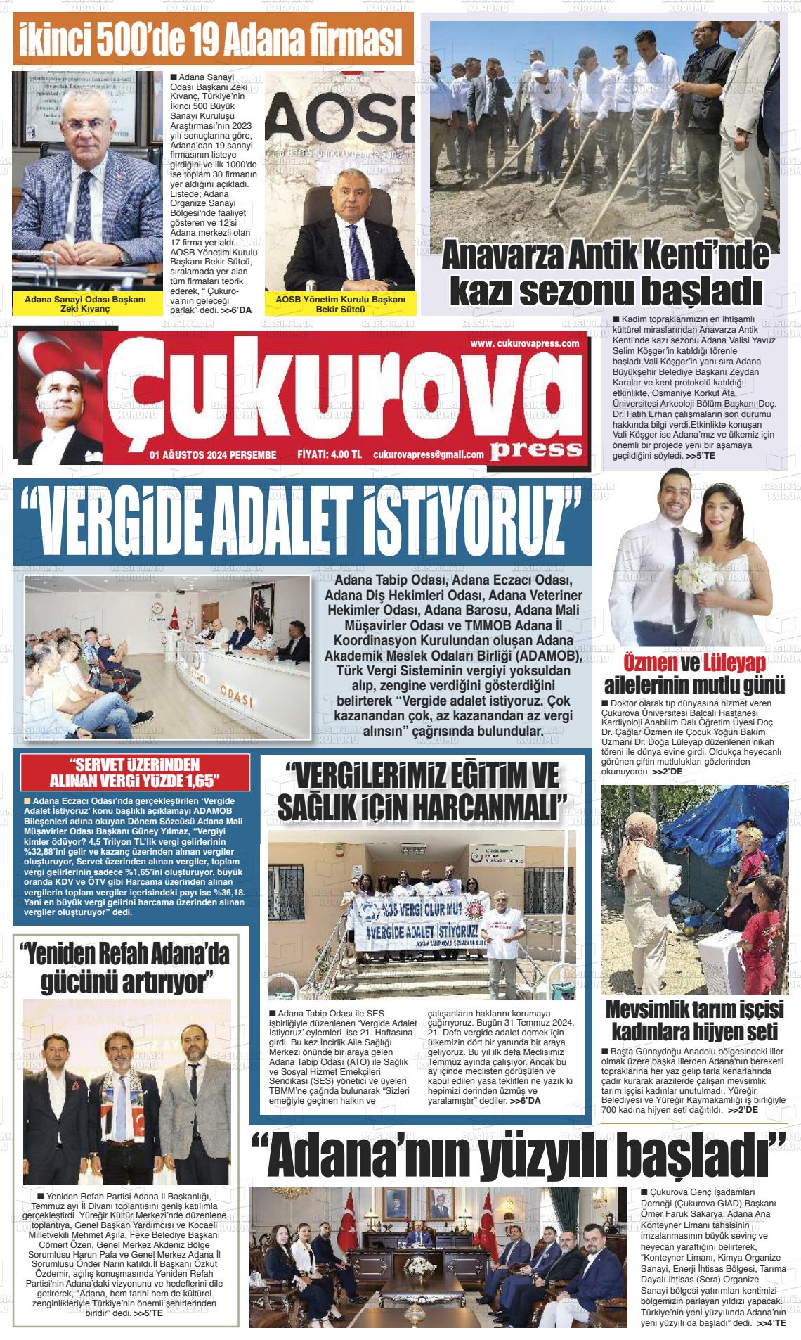 01 Ağustos 2024 Çukurova Press Gazete Manşeti