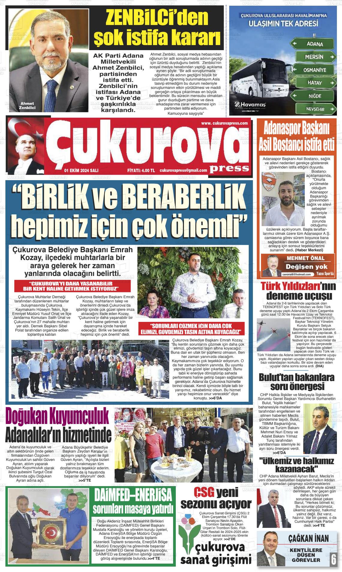 01 Ekim 2024 Çukurova Press Gazete Manşeti