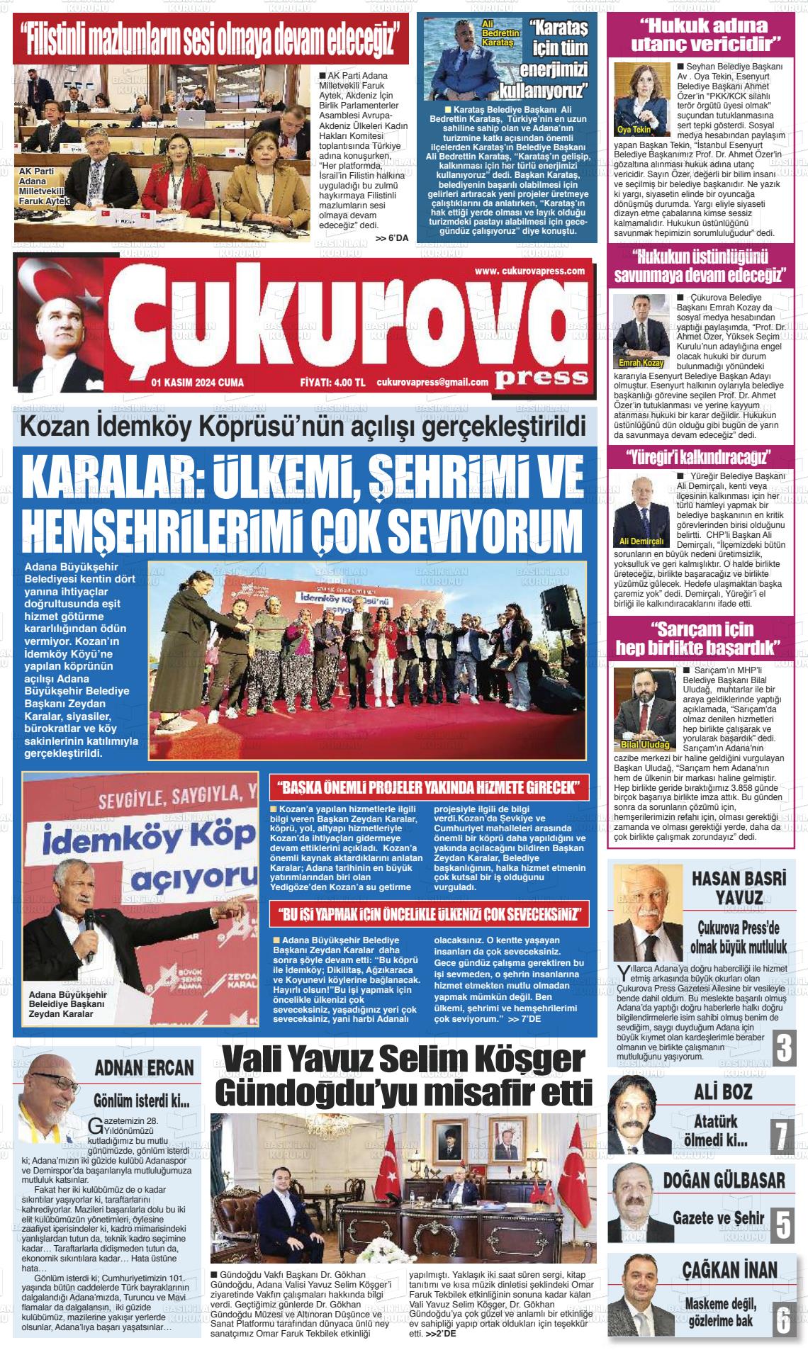 01 Kasım 2024 Çukurova Press Gazete Manşeti