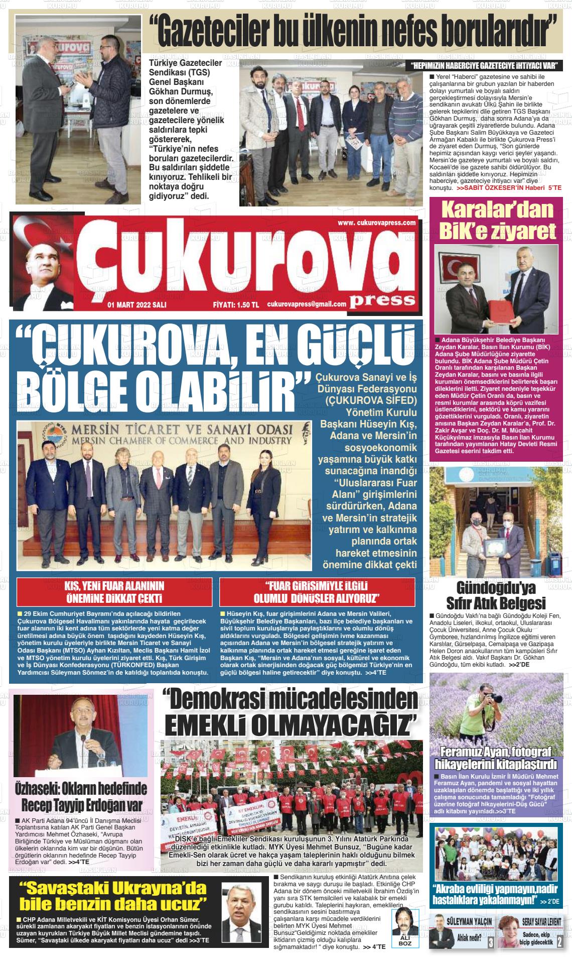 01 Mart 2022 Çukurova Press Gazete Manşeti