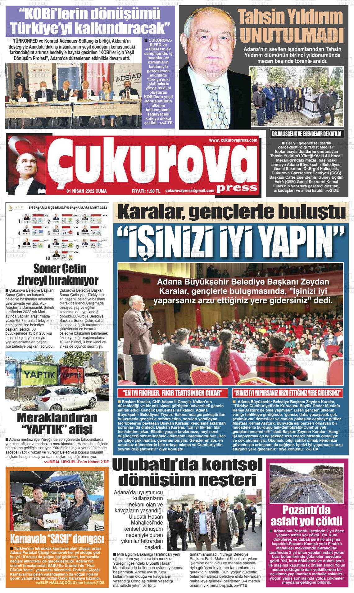 01 Nisan 2022 Çukurova Press Gazete Manşeti