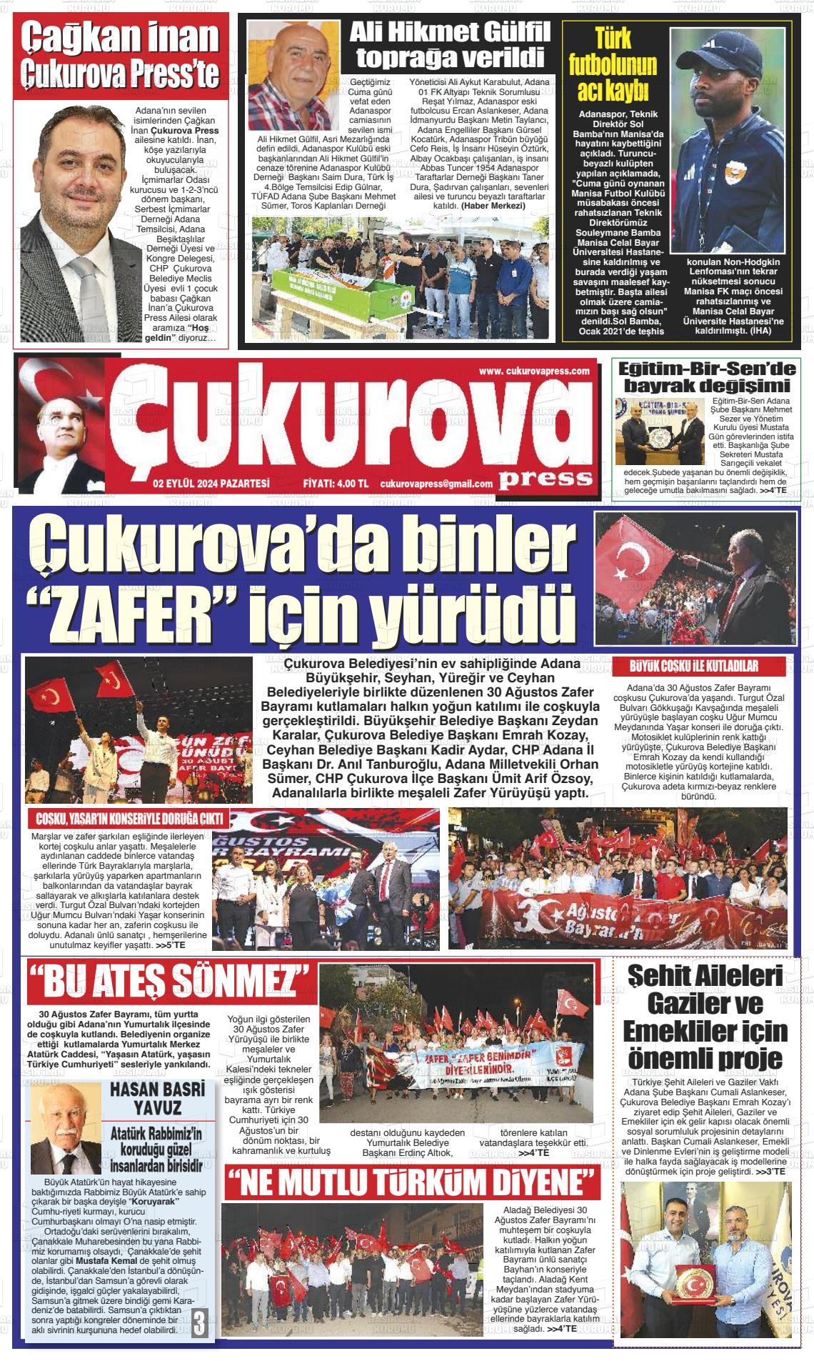 02 Eylül 2024 Çukurova Press Gazete Manşeti