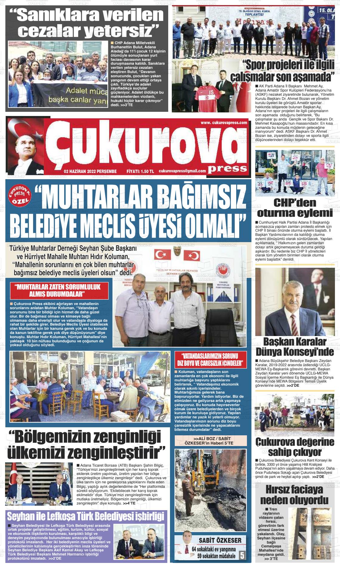 02 Haziran 2022 Çukurova Press Gazete Manşeti