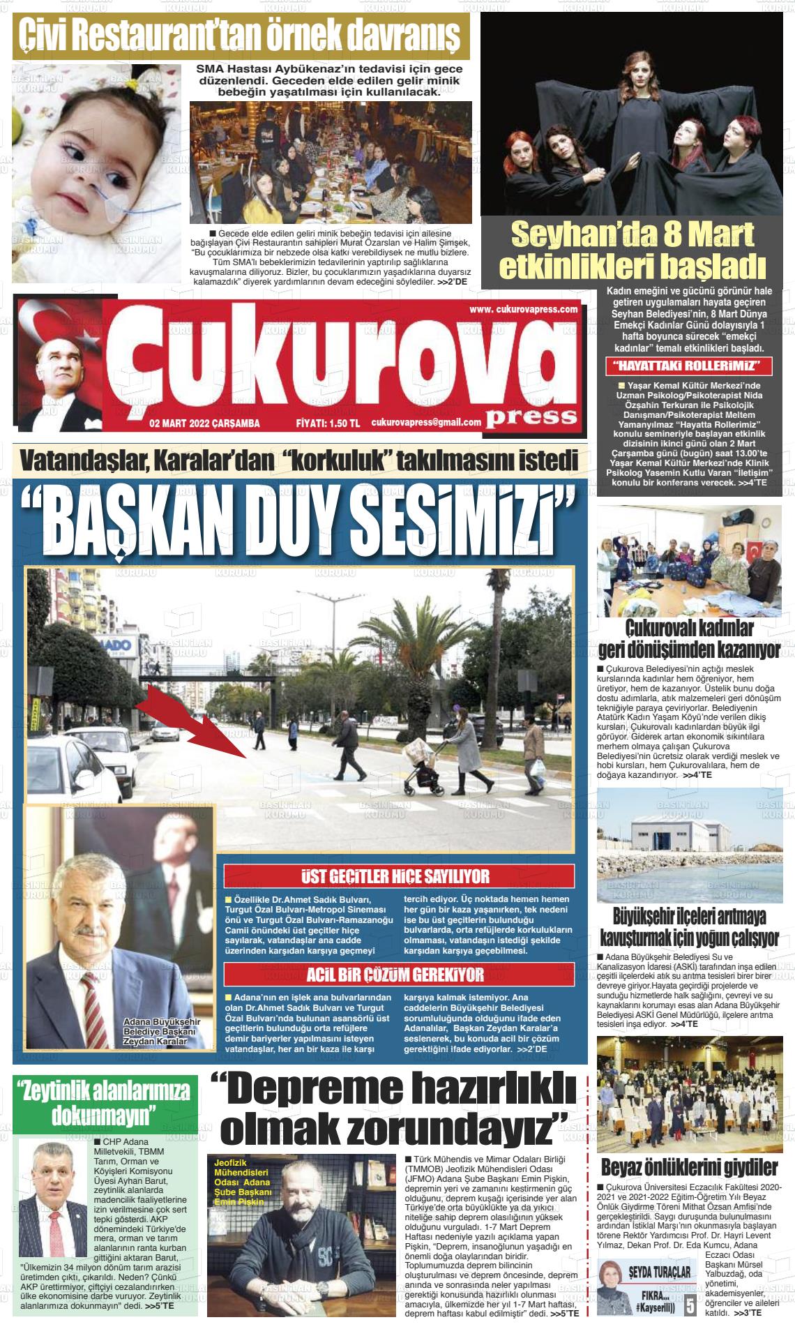 02 Mart 2022 Çukurova Press Gazete Manşeti