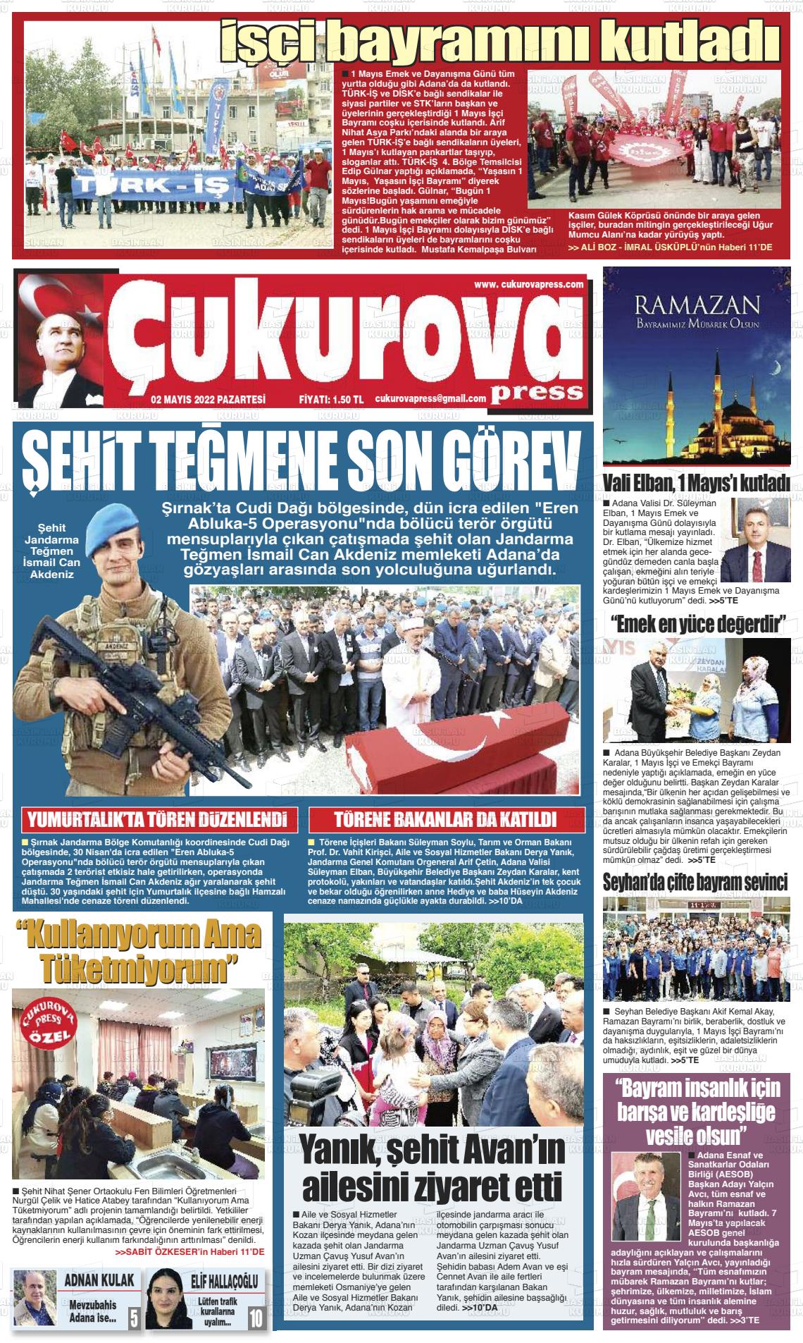 02 Mayıs 2022 Çukurova Press Gazete Manşeti