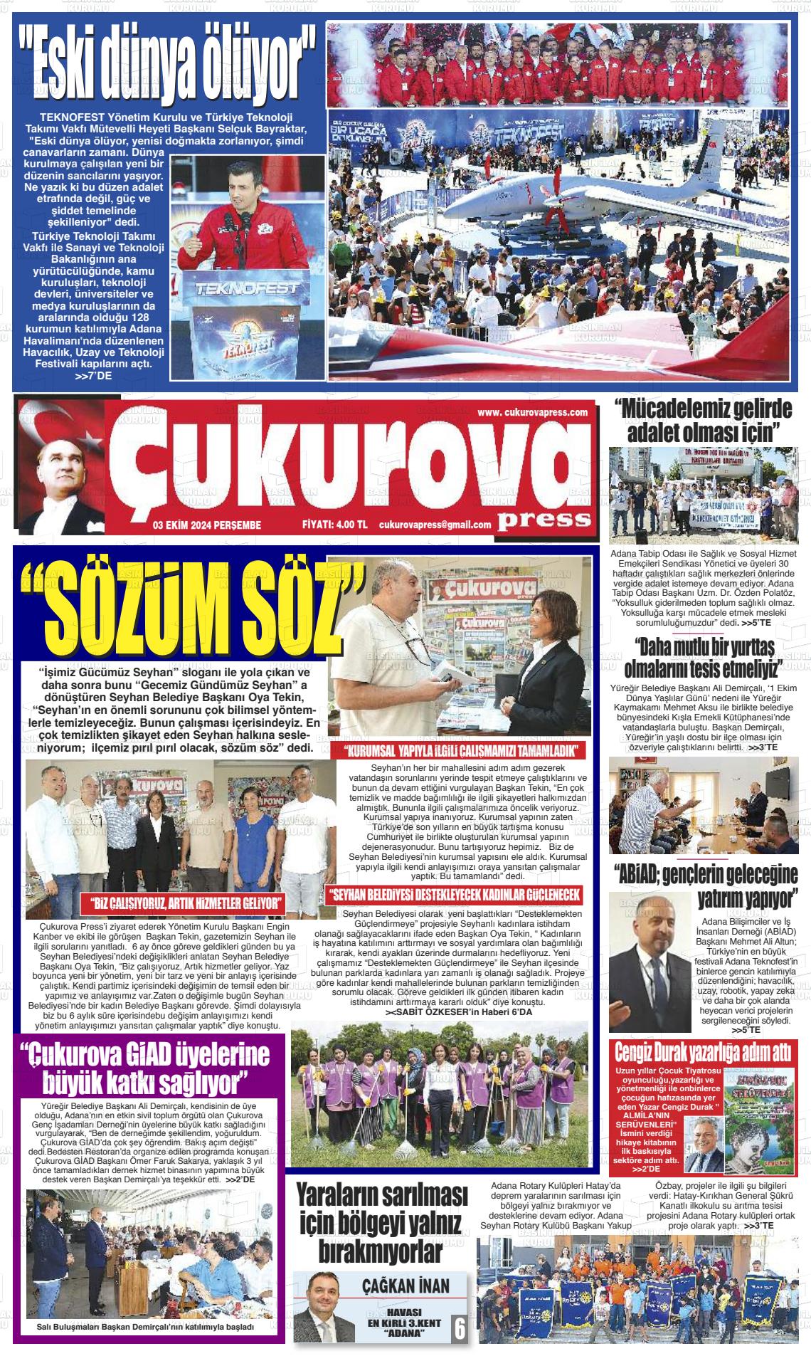 03 Ekim 2024 Çukurova Press Gazete Manşeti