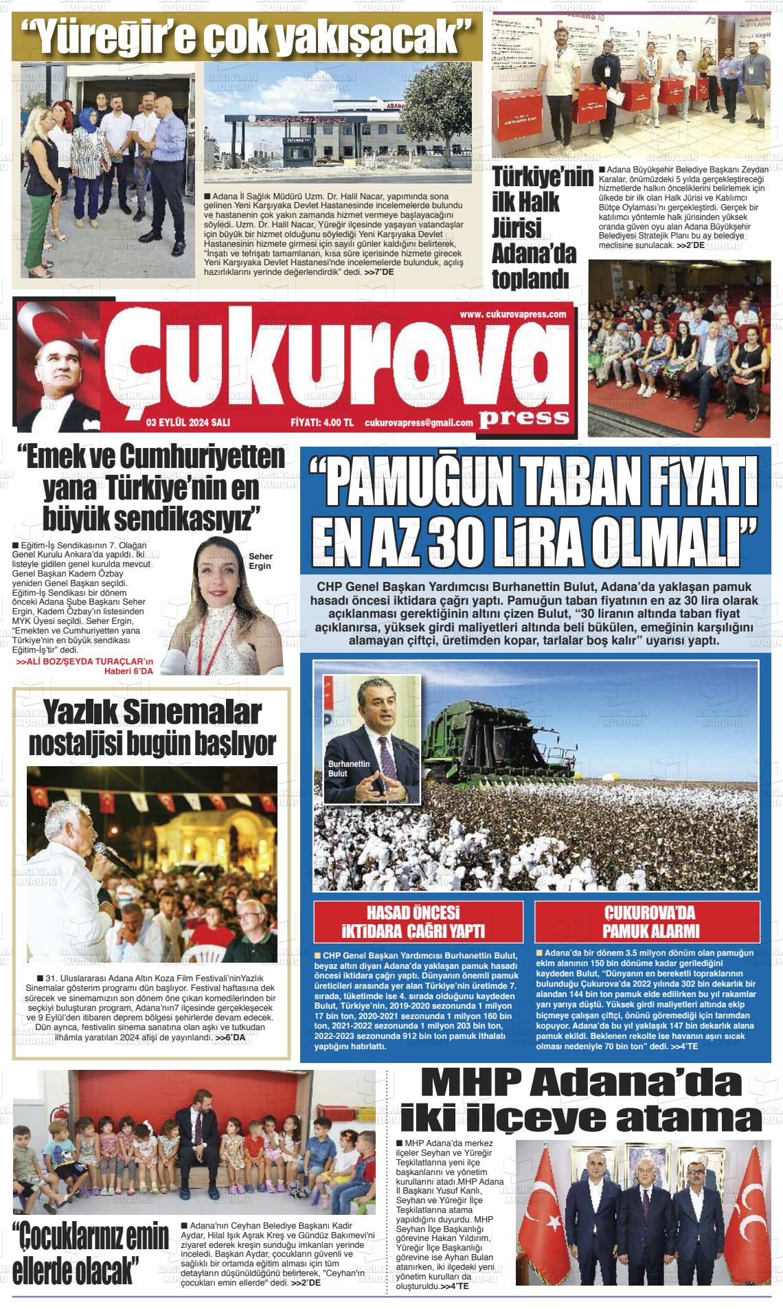 03 Eylül 2024 Çukurova Press Gazete Manşeti