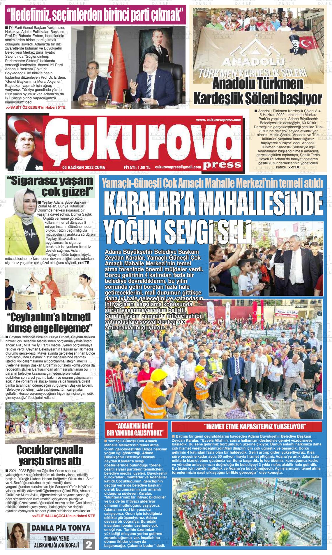 03 Haziran 2022 Çukurova Press Gazete Manşeti