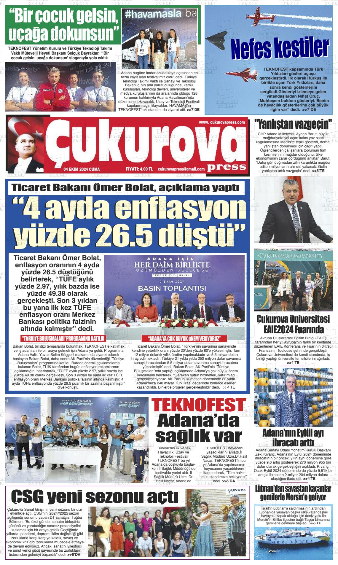 04 Ekim 2024 Çukurova Press Gazete Manşeti