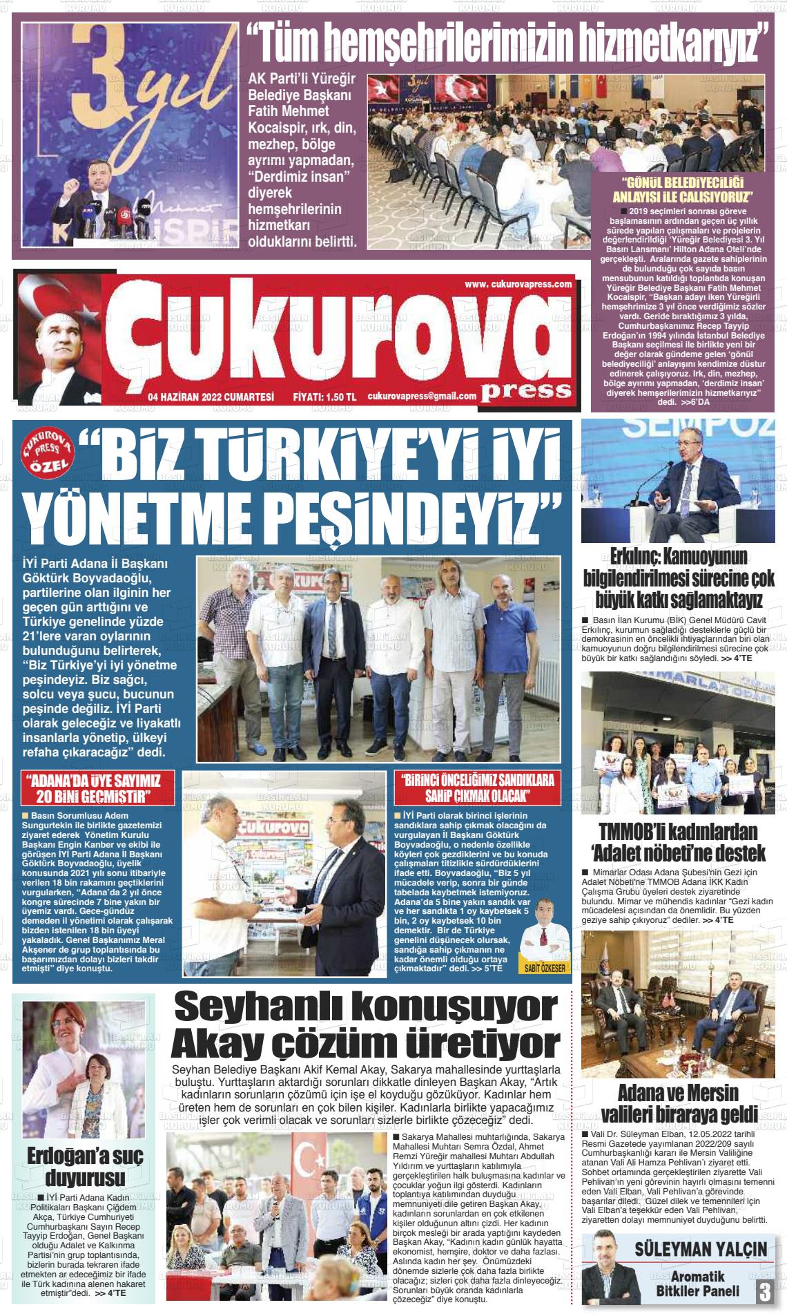 04 Haziran 2022 Çukurova Press Gazete Manşeti