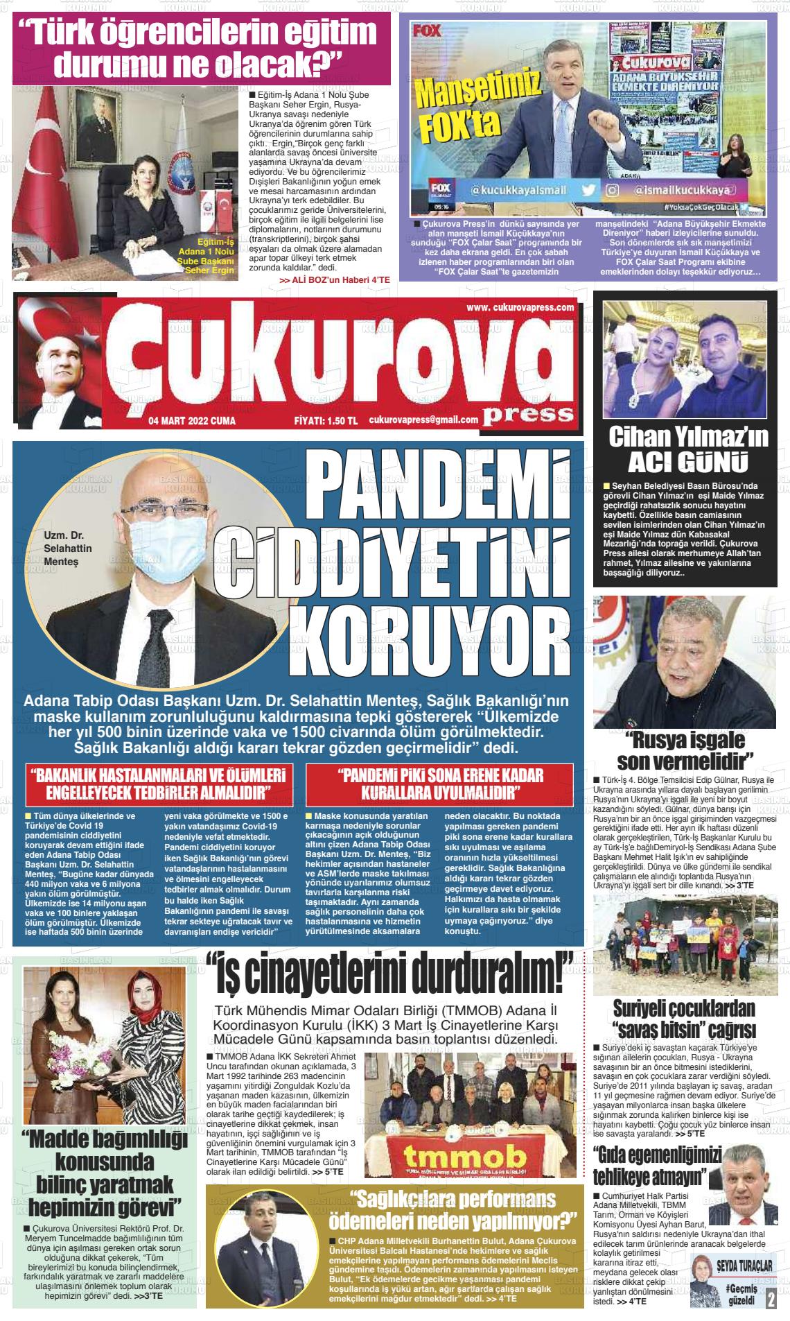 04 Mart 2022 Çukurova Press Gazete Manşeti