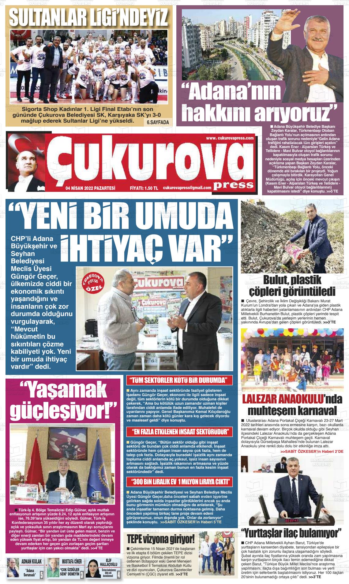 04 Nisan 2022 Çukurova Press Gazete Manşeti